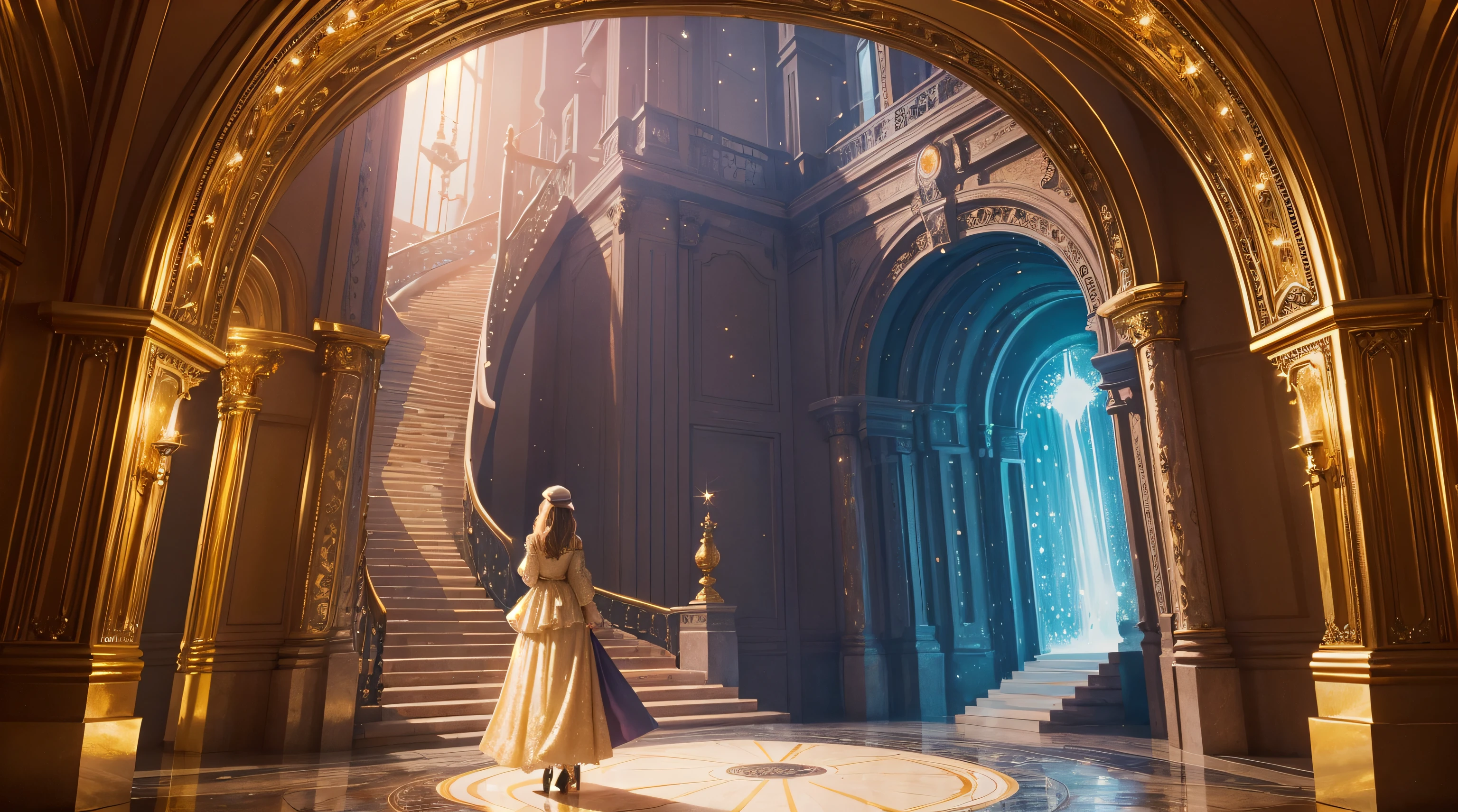(A lady who was sure that what sparkled was all gold:1.1),[Buy the Stairway to Heaven],illustration,Ultra-detailed,Colorful scenery,Soft lighting