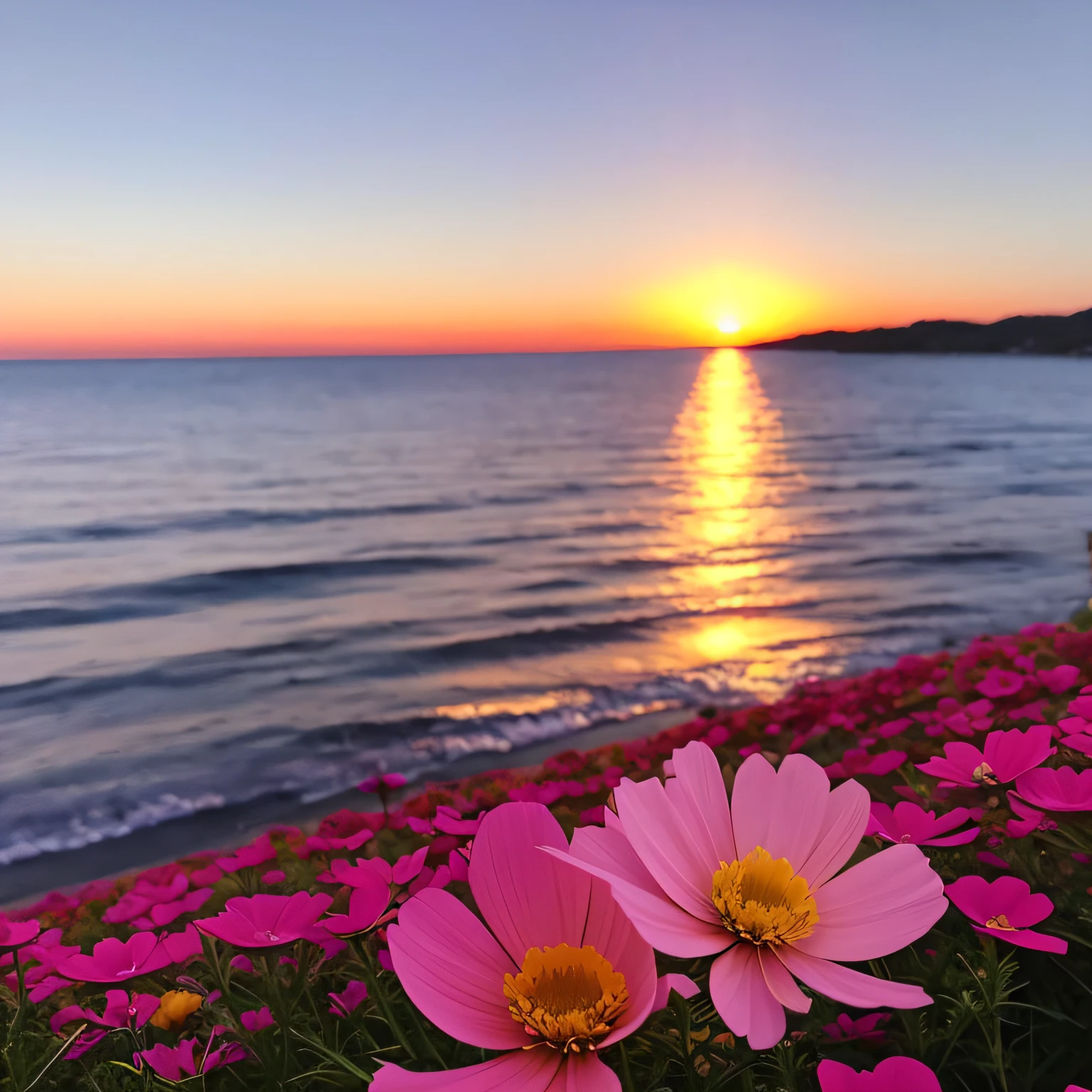 up close shot、Kibana Cosmos Flower、Gorgeous sunset by the sea in the background、Authentic textures、The warm