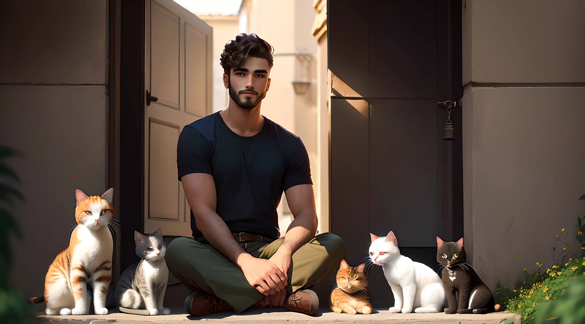 Homem, cabelo preto e roupa casual gatos sentado barba rala cabelo preto