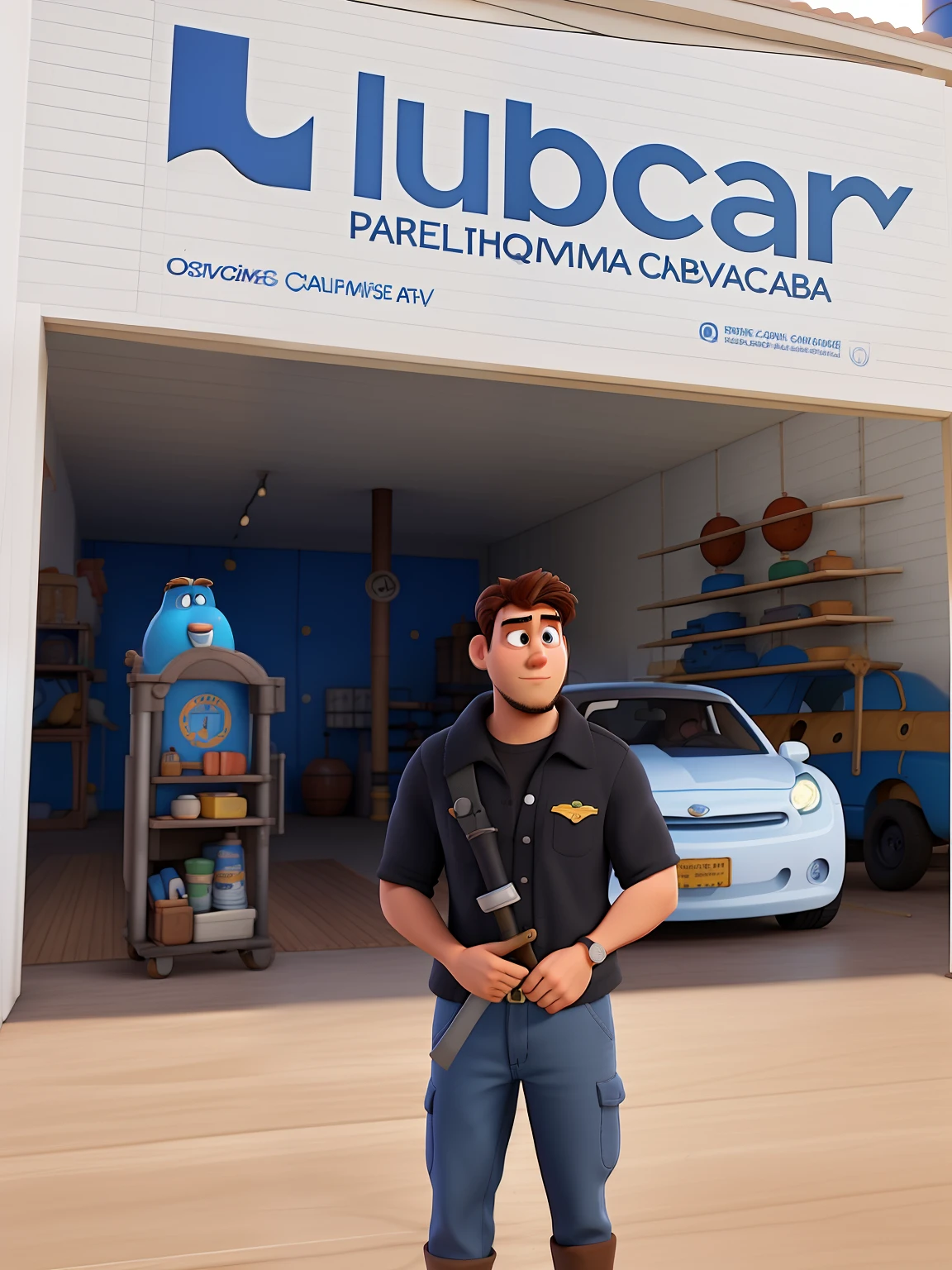 Poster no estilo Disney pixar, alta qualidade, melhor qualidade, homem sexy branco, 22 anos cabelo preto barba preta rala, musculoso, Against the background of a mechanic