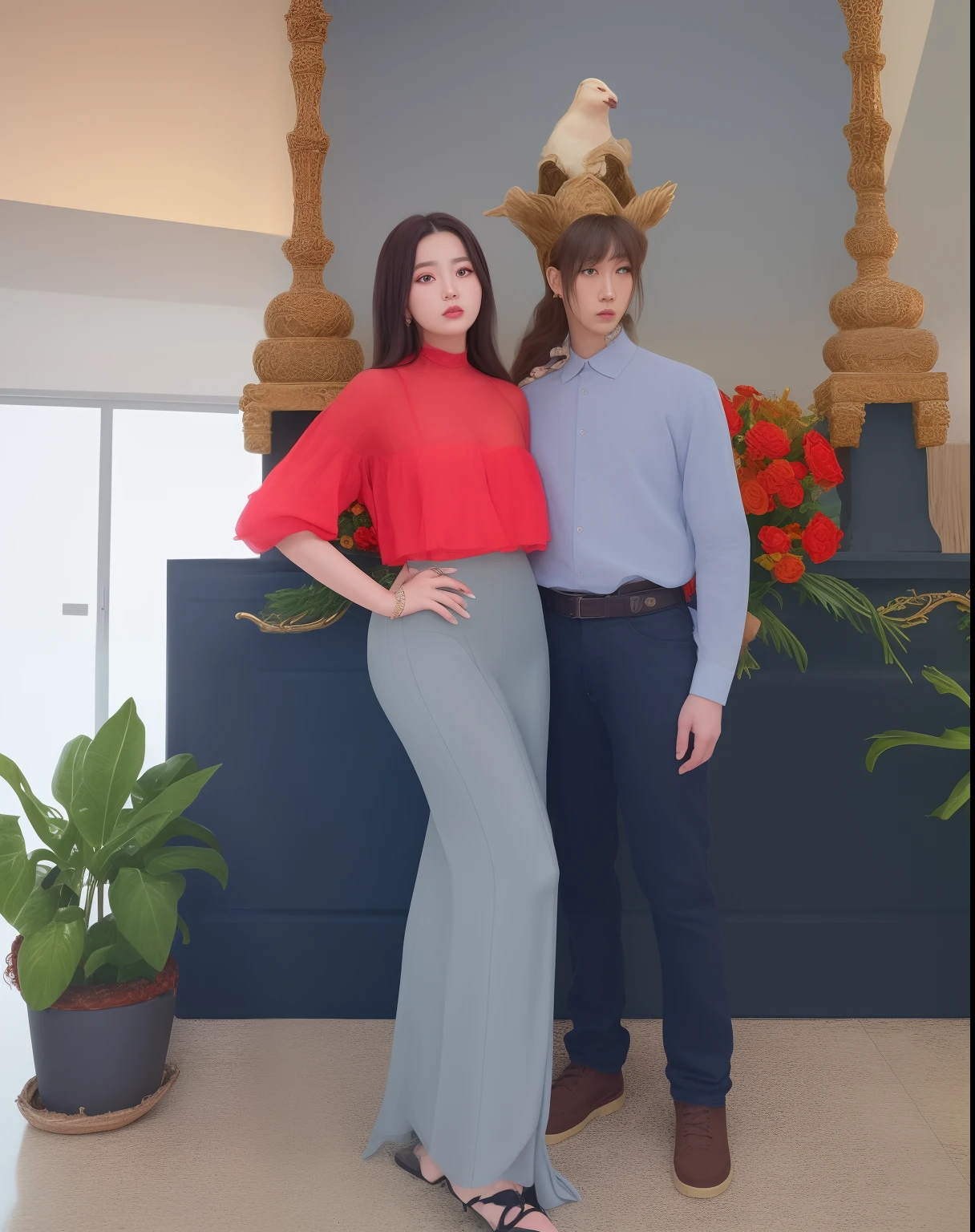araffe and a woman in a red dress posing for a picture, kim doyoung, romantic lead, jinyoung shin, lovely couple, 😭🤮 💔, bae suzy, smooth in _ the background, from 8 k matte, jia, sakimichan and frank franzzeta, 8k --height 768, cai xukun