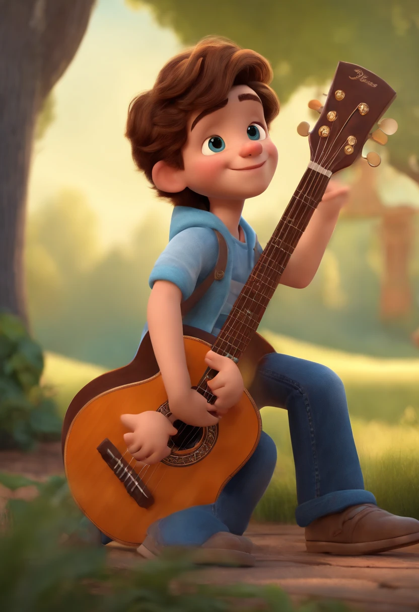 crie um banner no estilo Pixar. A boy with European features, branco com cabelos curtos, Castanhos escuros, Smooth appearance , mas jovem, usando uma camiseta, Wearing jeans and holding a classical guitar with 7 strings.