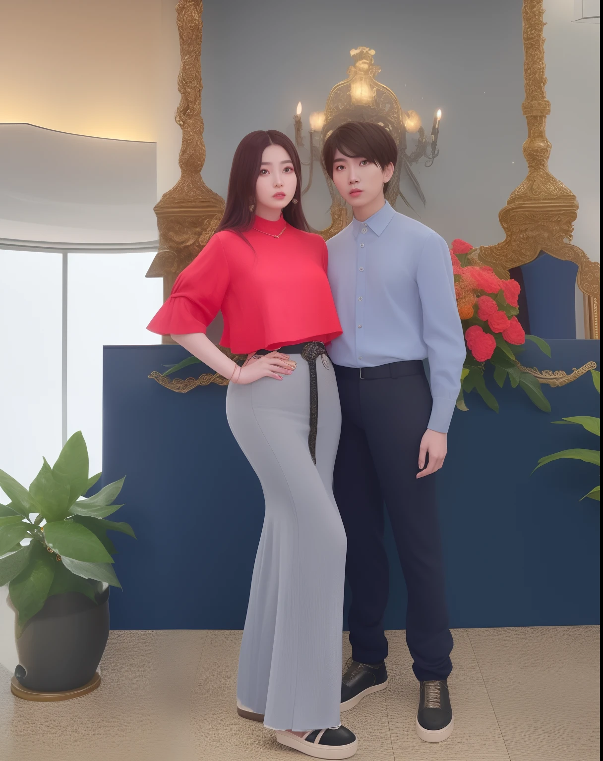 araffe and a woman in a red dress posing for a picture, kim doyoung, romantic lead, jinyoung shin, lovely couple, 😭🤮 💔, bae suzy, smooth in _ the background, from 8 k matte, jia, sakimichan and frank franzzeta, 8k --height 768, cai xukun
