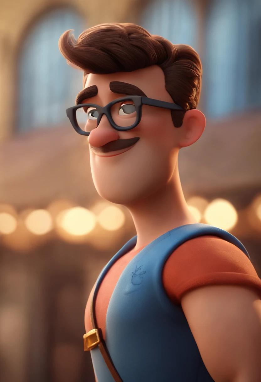 Cartoon character of a man wearing black glasses and a blue shirt, um personagem animado, Caractere estilizado, animation style rendering, 3D estilizado, Arnold Maya render, 3 d render stylized, toon render keyshot, Personagem 3D, Personagem 3D, 3d rendering stylized, 3 d character render, personagem de desenho animado, Personagem de close up, Pose de personagem, (Estilo Pixar) (master part:1.2) (Bokeh) (best quality) (pele detalhada) (textura detalhada) (8k) (argila) (Cinematic lighting) (foco nítido,Senta e vaza a parte superior do corpo