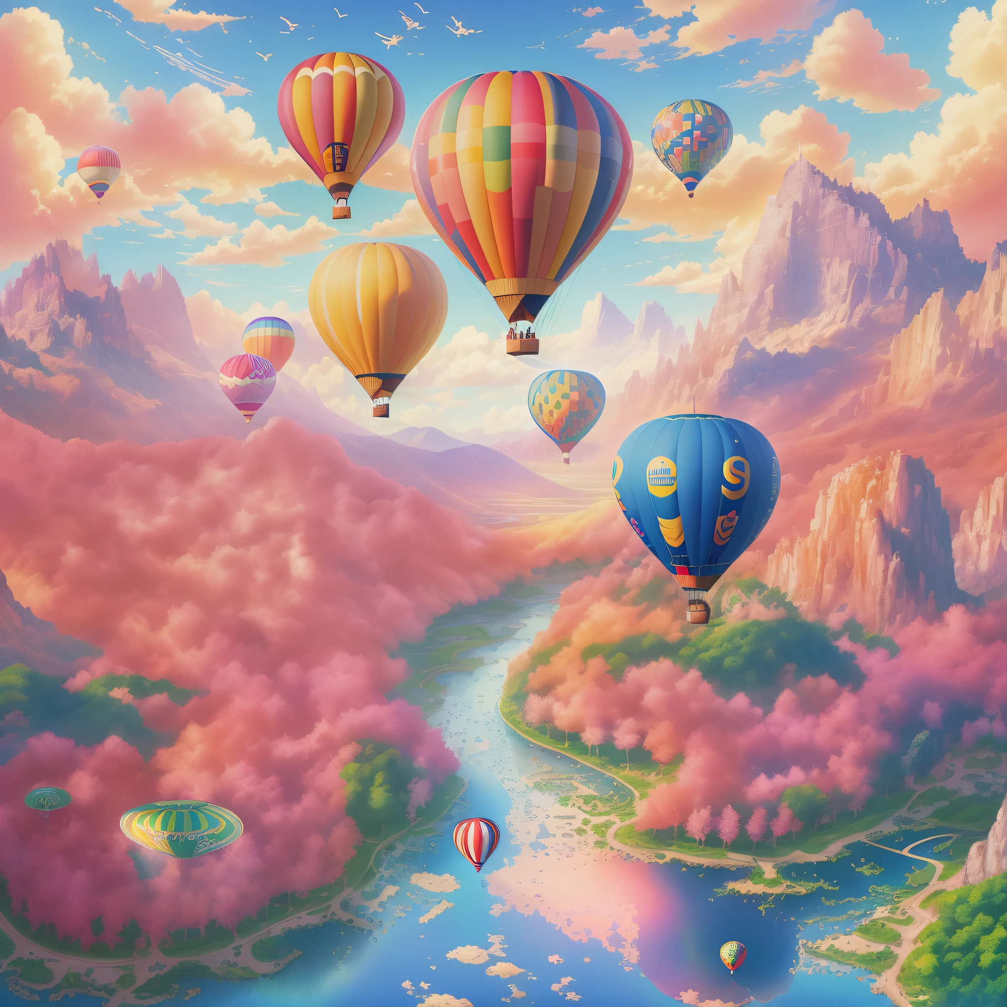 A Hot Air Balloon, colorful illustrations, floating in the sky, breathtaking scenery, aerial view, vibrant colors, dreamlike atmosphere, magical journey, people looking up in awe, joyful and festive mood, sunny day, blue sky, puffy clouds, adventure, wanderlust, travel, exploration, peaceful and serene, tranquil experience, uplifting and inspiring, freedom of flight, making memories, advertising campaign, attracting attention, promoting a product or service, remarkable visuals, captivating images, high-quality graphics, professional artwork
