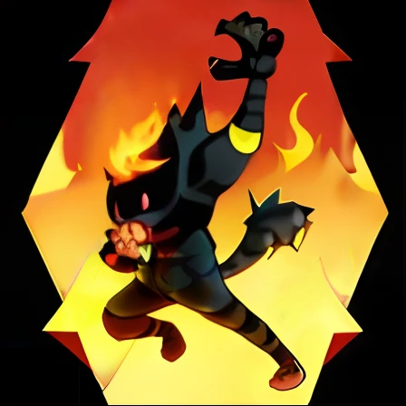 Pokemon red and black cat with a fire on its tail, fire type, fire!! Full body, cacodemon, blazing infero, Official art, an extremely angry, similar to pokemon, cinnabar, scary angry pose, mega legendary, Pitchburn Devils!, the magma, villain wearing a red oni mask, threatening pose, zorua pokemon, menacing pose, volcanoes