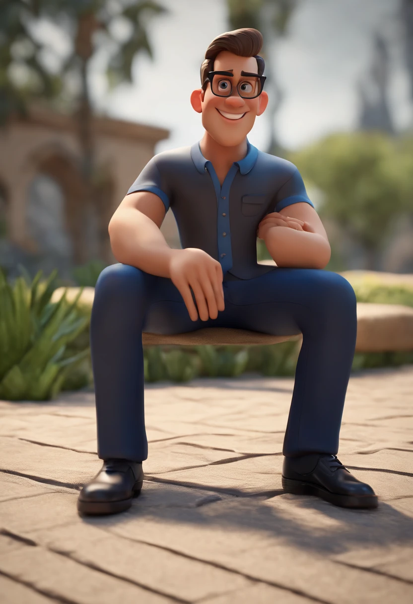 Cartoon character of a man wearing black glasses and a blue shirt, um personagem animado, Caractere estilizado, animation style rendering, 3D estilizado, Arnold Maya render, 3 d render stylized, toon render keyshot, Personagem 3D, Personagem 3D, 3d rendering stylized, 3 d character render, personagem de desenho animado, Personagem de close up, Pose de personagem, (Estilo Pixar) (master part:1.2) (Bokeh) (best quality) (pele detalhada) (textura detalhada) (8k) (argila) (Cinematic lighting) (foco nítido,Senta e vaza a parte superior do corpo