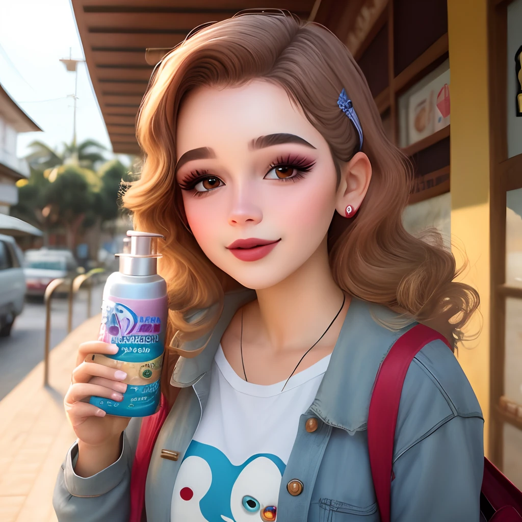 Uma menina loira na loja de maquiagem com uma sacola da doka bella make up estilo pixar