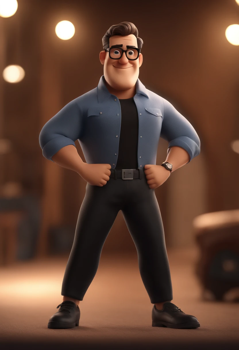 Cartoon character of a man with black glasses and a black t-shirt, e barba castanha comprida. com cachorro labrador preto ao lado. animation character, Caractere estilizado, animation style rendering, 3D estilizado, Arnold Maya render, 3 d render stylized, toon render keyshot, Personagem 3D, Personagem 3D, 3d rendering stylized, 3 d character render, personagem de desenho animado, Personagem de close up, Pose de personagem,  (Estilo Pixar) (master part:1.2) (Bokeh) (best quality) (pele detalhada) (textura detalhada) (8k) (argila) (Cinematic lighting) (foco nítido)