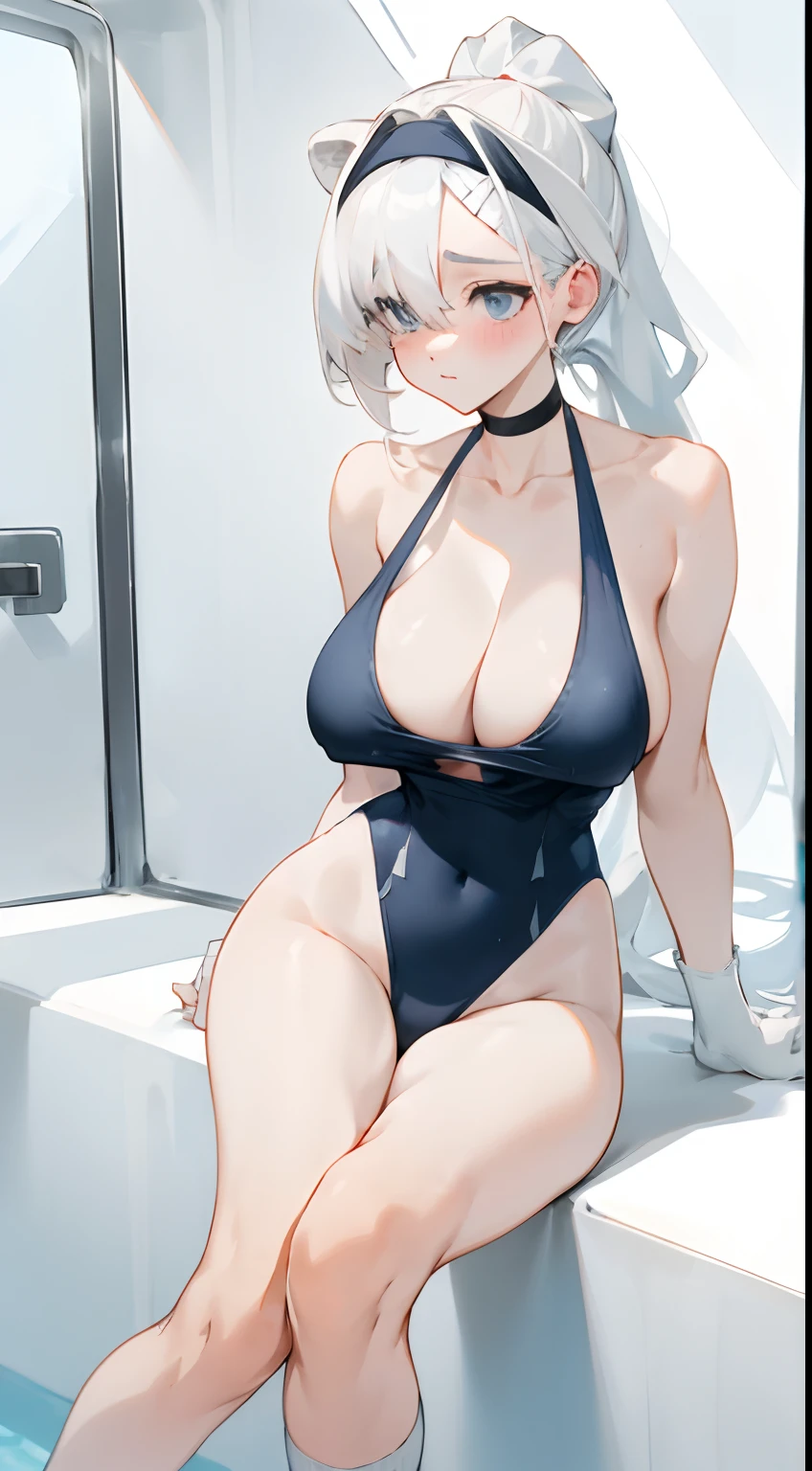 Bigboobs，White color hair，High ponytail，Stand up，Leakage out of the collarbone，Neck leakage，knee length socks，Deep V one-piece swimsuit