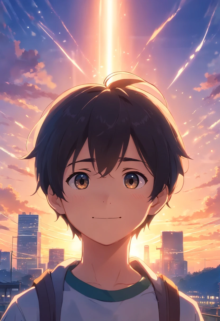 masterpiece, best quality, movie still, Rear view, primary school５Grade Boy, Fun eyes, a smile, with light glowing,,Detailed face, Black hair, close-up, bright, happy, warm soft lighting, sunset, (sparks:0.7)