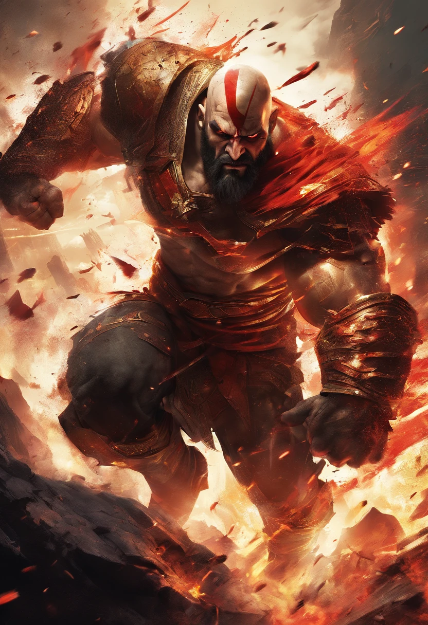 best quality,highres,masterpiece:1.2,ultra-detailed,realistic,physically-based rendering,professional,sharp focus,HDR,studio lighting,colorful,strong shadows,action-packed,kratos,omni-man,powerful,superheroes,mythology,violent, intense battle,epic fight,strength,aggression,dramatic poses,destructive forces,flaming weapons,blood and sweat,battle scars,facial expressions,heroic,superhuman abilities,intense emotions,dark atmosphere,dynamic composition,explosions,flying debris,dramatic lighting,special effects,high-impact,clash of titans,energy blasts,powerful punches and kicks,shattered environment,violence and chaos
