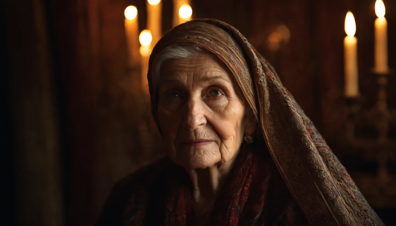 Intricate half body portrait of a very old Caucasian woman with wrinkles, illuminated by warm litted candles, with a backdrop of eerie dungeion . stunning interpretive visual, maximalist scarf and veil. f1.0lens, tilt-shift, shalllow DOF. dramatic lighting. chiaroscuro,
