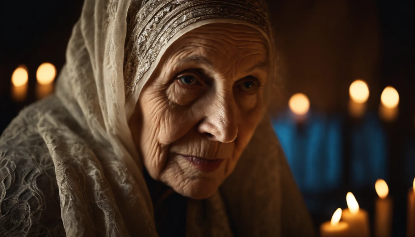 Intricate half body portrait of a very old Caucasian woman with wrinkles, illuminated by warm litted candles, with a backdrop of eerie dungeion . stunning interpretive visual, maximalist scarf and veil. f1.0lens, tilt-shift, shalllow DOF. dramatic lighting. chiaroscuro,