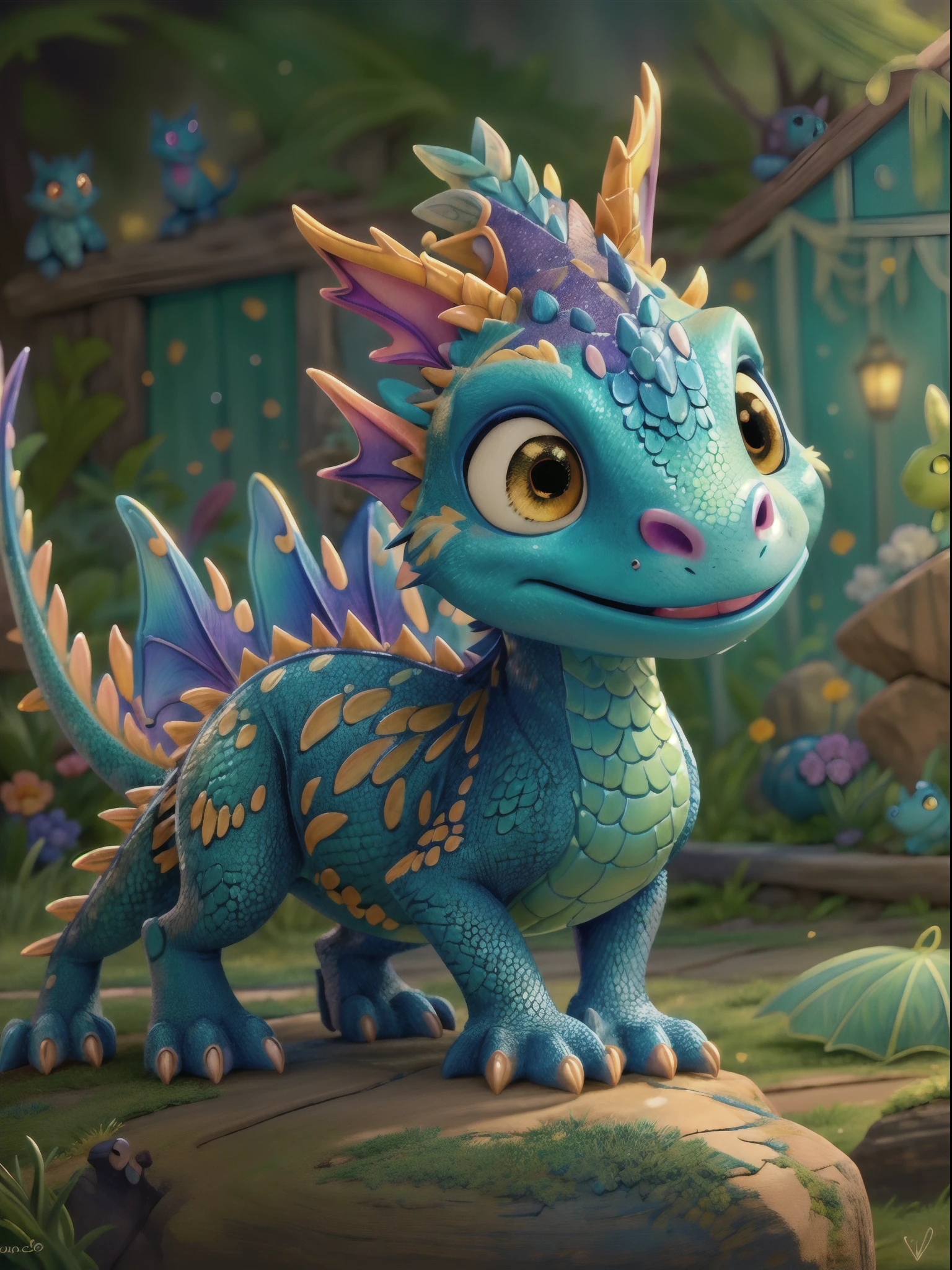 (best quality, highres, masterpiece:1.2), ultra-detailed, realistic, cute dragon in Pixar cartoon style, vibrant colors, dynamic lighting, magical atmosphere, detailed scales, expressive eyes, friendly smile, fluffy texture, adorable pose, whimsical background, playful interaction with other creatures, captivating composition, lively movement, enchanting storytelling, lively animation, joyful expression, captivating charm, imaginative scenery