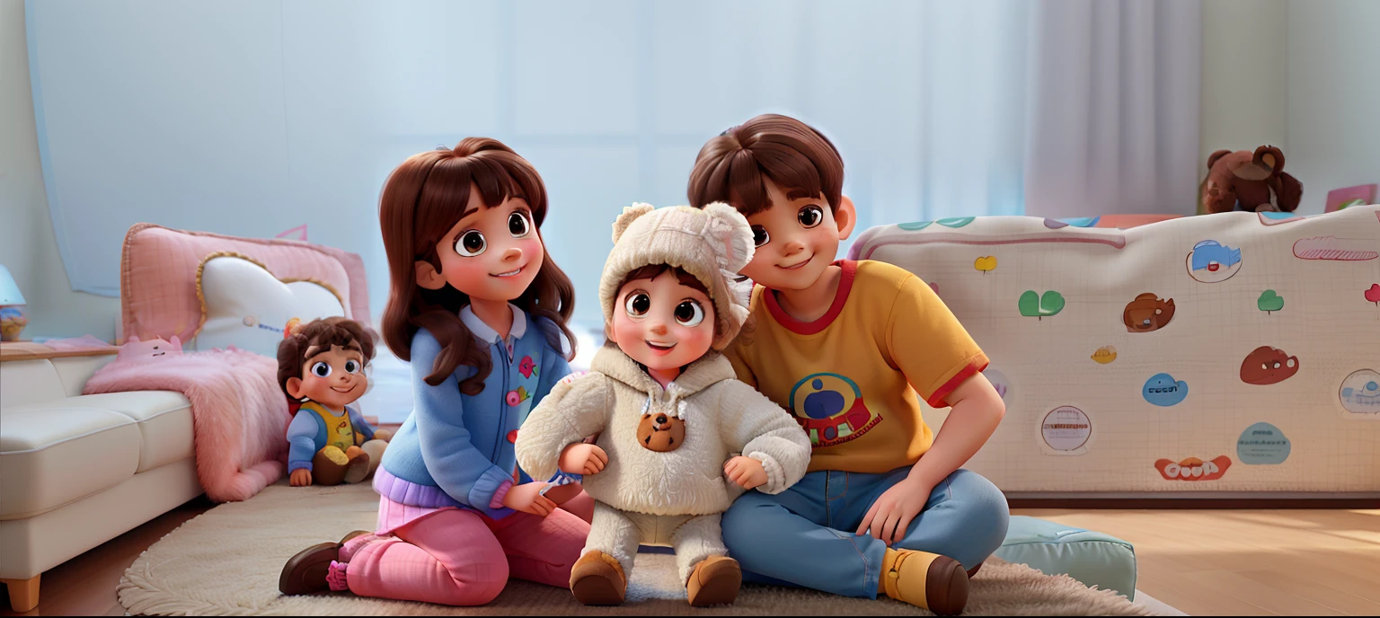 Gerar um poster de uma menininha sorridente de 5 anos, medium brown hair with bangs, A cheerful baby girl in a teddy bear outfit and an 8-year-old boy, moreno e cabelos castanhos, Sitting on the couch in Disney Pixar style, alta qualidade, melhor qualidade