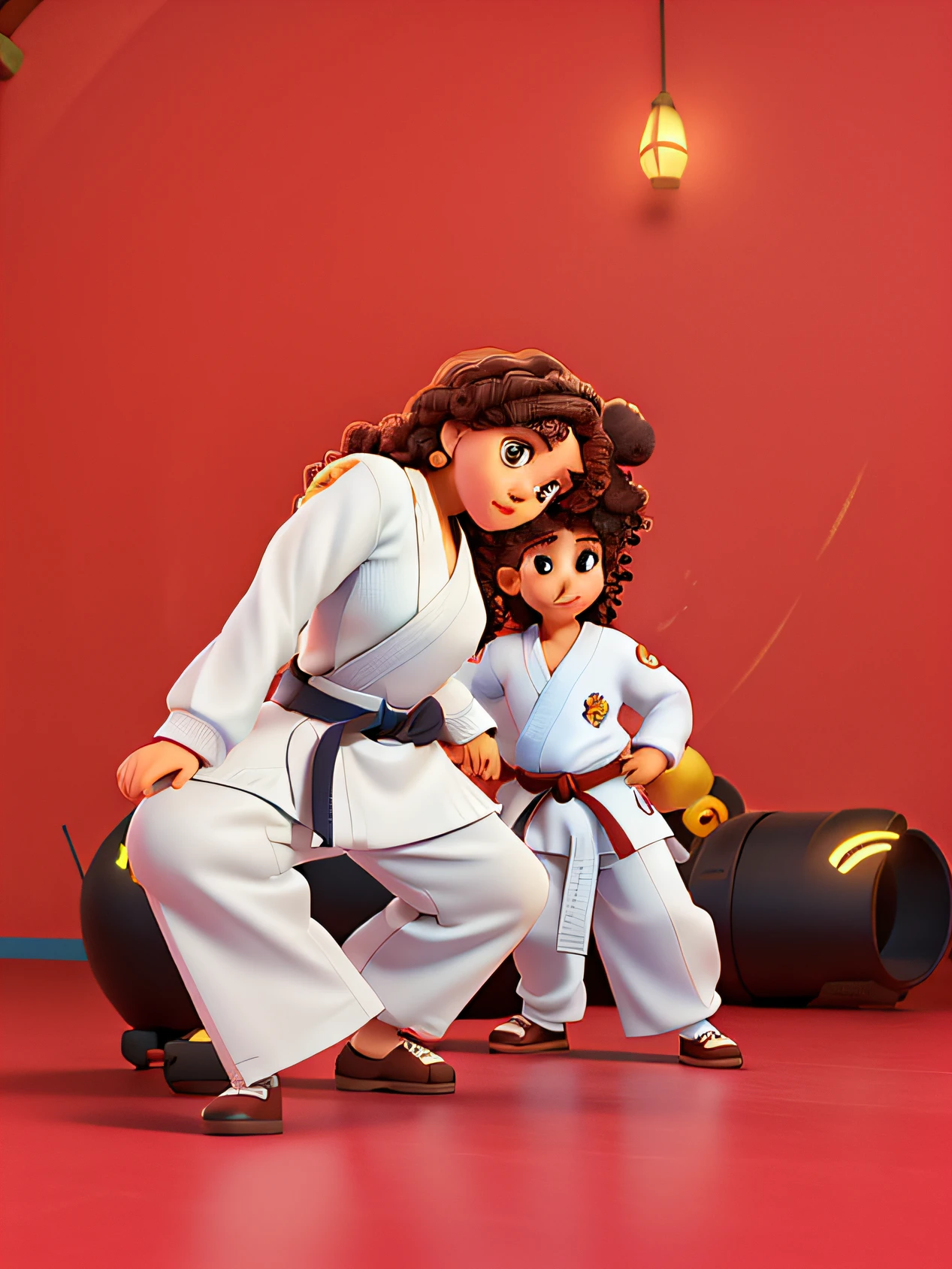 uma mulher morena de cabelos cacheados, A curly-haired girl in a karate gi, estilo disney pixar alta qualidade, melhor qualidade
