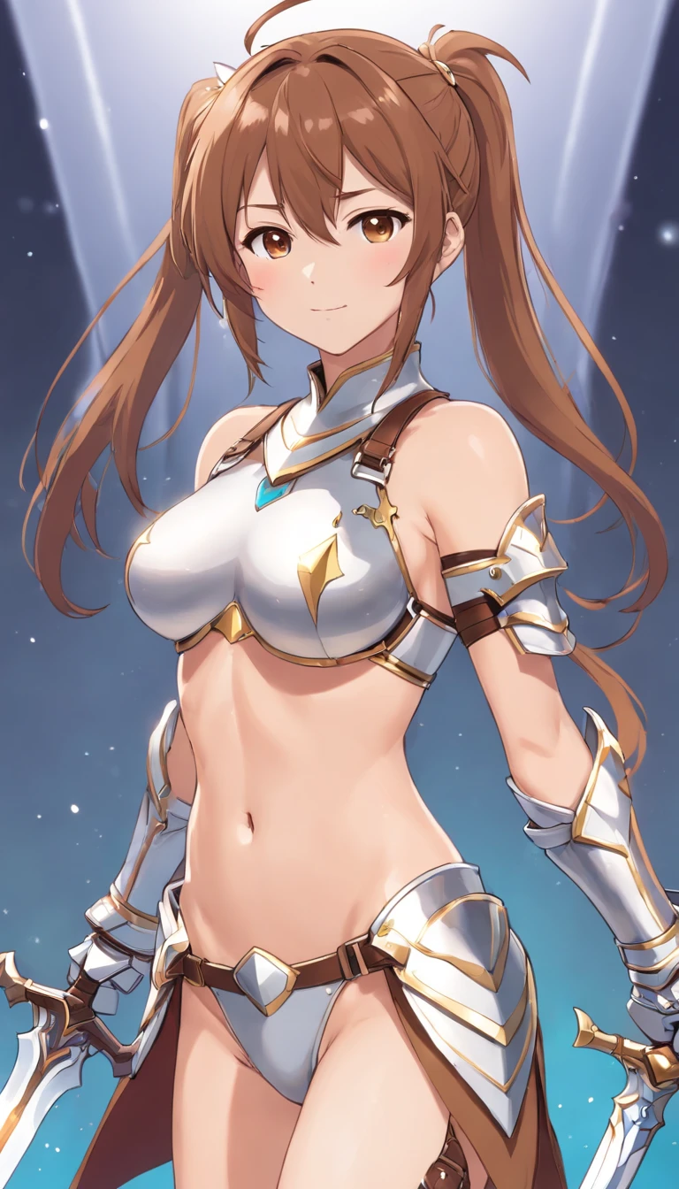 Asuna, Asuna_(As estrelas), (1girll,Solo) ,Fantasy, hight resolution, 19 Private, Original, (Sheath of the waist:1.3), Smile, , Short hair, medium breasts, view the viewer, Bangs ,Hazel Eye Detail, , Hands on the chest,(Brown hair,short ponytail hair:1.5), ,Short hair, Standing,straight-on, ABEC,(full body Esbian:1.1), white thighhig,(ABEC:1.4),a close up of a woman in armor holding a sword, armor girl, bikini armor female knight, Bikini Armor, bikini-armor, Gorgeous Female Paladin, Female knight, of a beautiful female knight, Beautiful armor, A slender、silver bikini armor, Exposure of the abdomen, ornate bikini armor, stunning armor, The knight of beauty smiled,Longitudinal navel、skin gloss、skin gloss、full body Esbian,Futomo,Silver Armored Boots