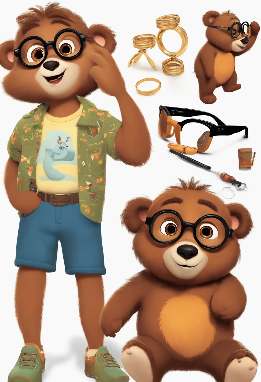 estilo desenho animado, Pixar, wearing round glasses, segurando um urso de pelucia, roupa de escoteiro,