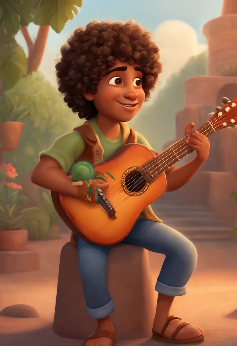 crie um banner no estilo Pixar. A boy with Indian features, moreno pardo com cabelos curtos, Castanhos escuros, Curly and slightly grayish appearance, mas jovem, usando uma camiseta, Wearing jeans and holding a classical guitar with 7 strings.