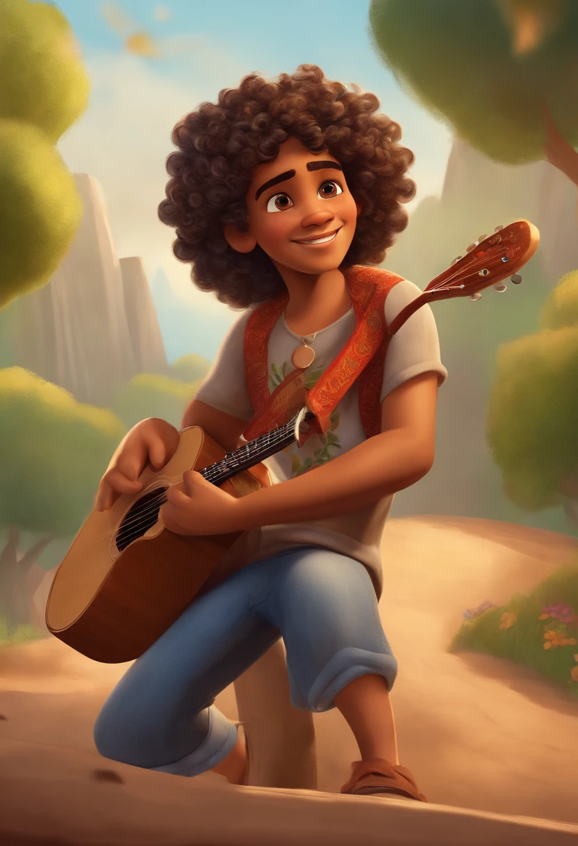 crie um banner no estilo Pixar. A boy with Indian features, moreno pardo com cabelos curtos, Castanhos escuros, Curly and slightly grayish appearance, mas jovem, usando uma camiseta, Wearing jeans and holding a classical guitar with 7 strings.