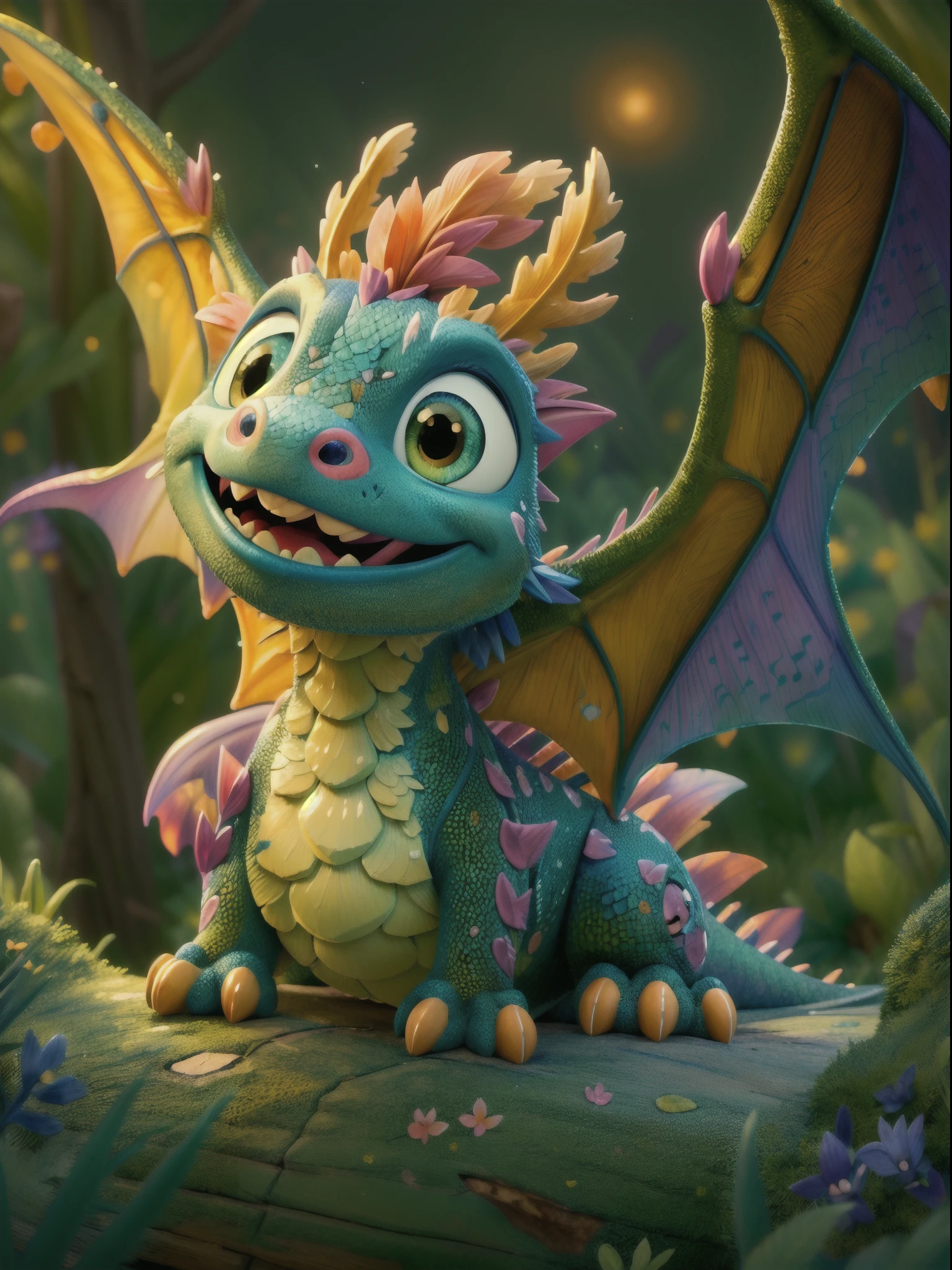 (best quality, highres, masterpiece:1.2), ultra-detailed, realistic, cute dragon in Pixar cartoon style, vibrant colors, dynamic lighting, magical atmosphere, detailed scales, expressive eyes, friendly smile, fluffy texture, adorable pose, whimsical background, playful interaction with other creatures, captivating composition, lively movement, enchanting storytelling, lively animation, joyful expression, captivating charm, imaginative scenery