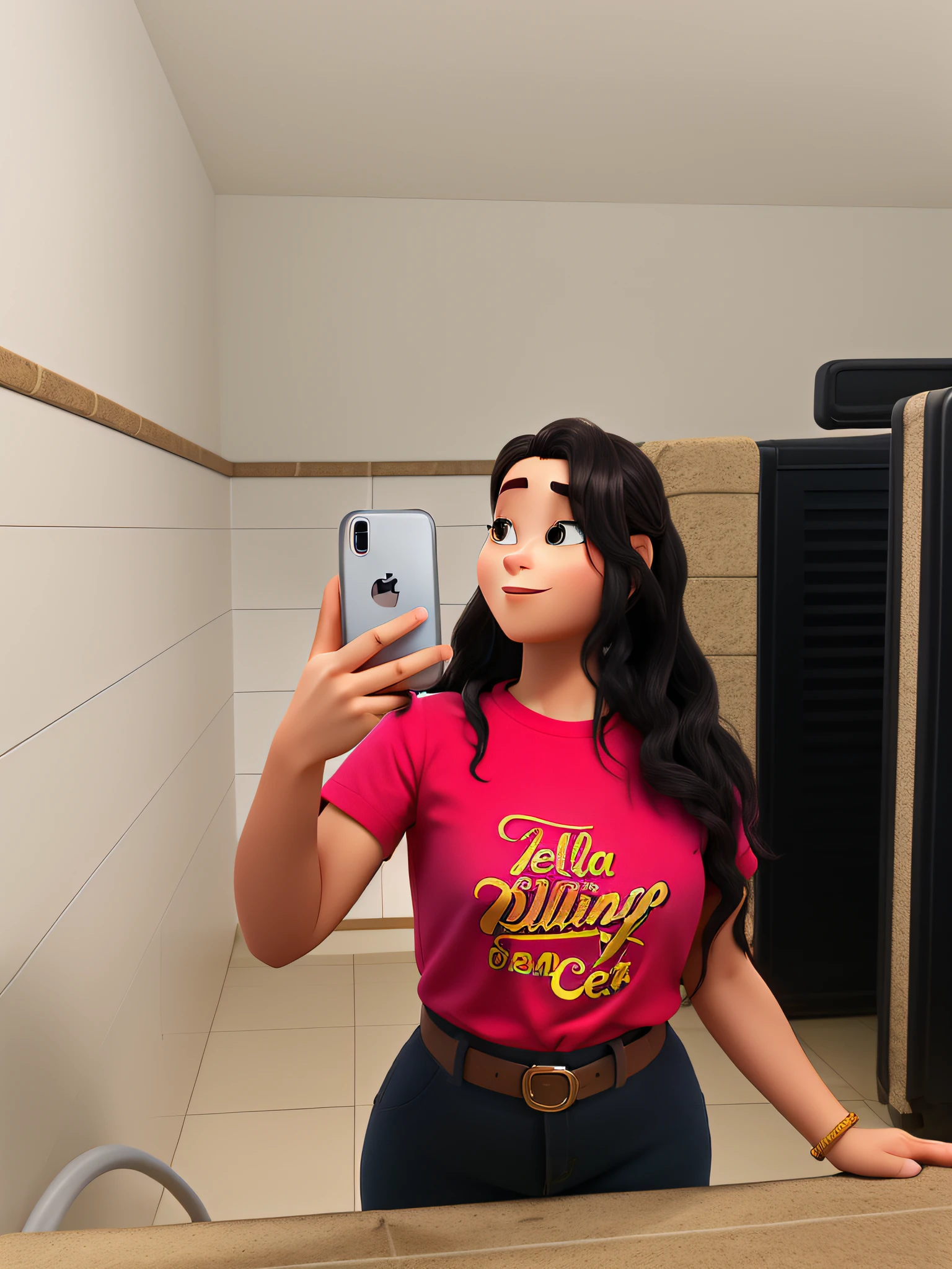 Uma mulher de cabelo castanho claro com loiro, rosto arredondado, sorrindo, olhos castanho escuro, baixa, Not too fat, Inside a print shop, wearing pants and t-shirt and sneakers with iPhone in hand
