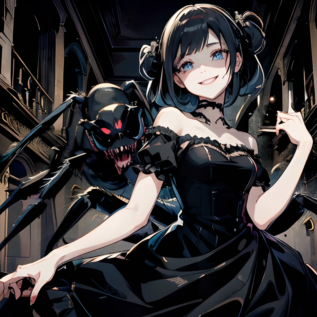 Woman in black dress. She looks like an anime. She wears a dress with frills. Woman fused with a spider. Crazy Eye Expression. She grins. Her eyes are shining. Inside a dark mansion. A thread stretches out of her hand. Her skirt becomes one with the floor.