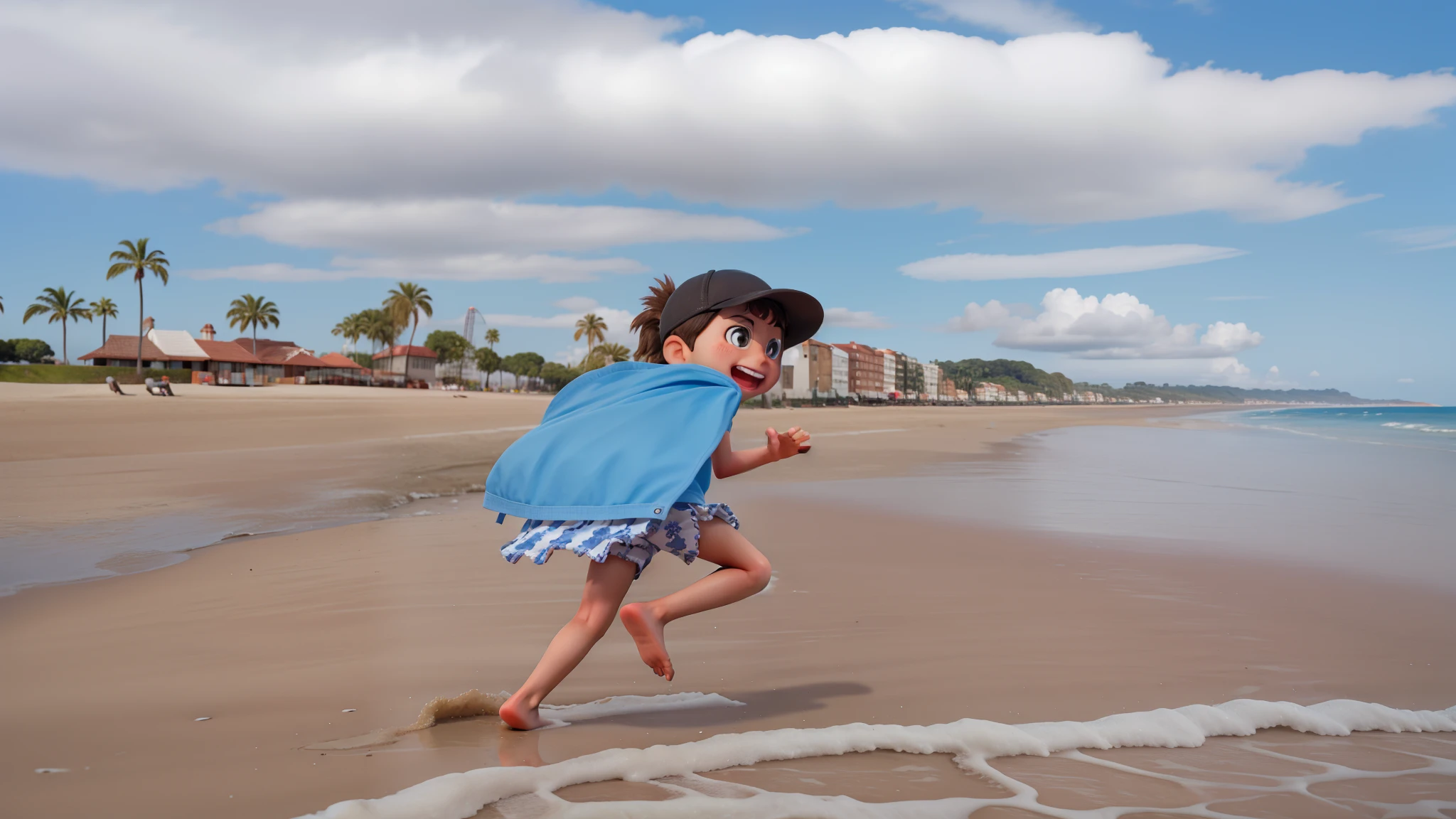 obra-prima, alta qualidade melhor qualidade, close up, 4 year old running on the beach , feliz, clouds form the name Benício