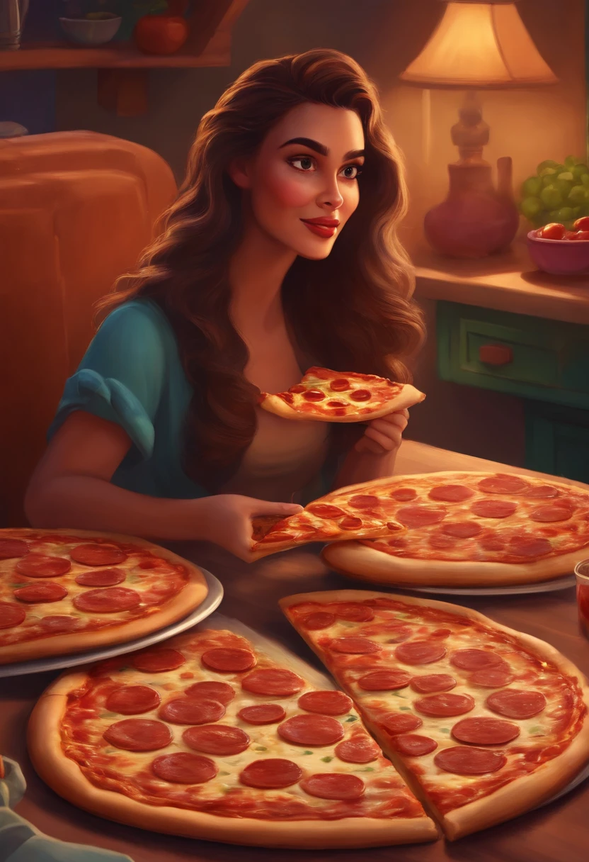 personagem inspirado na disney pixar de um homem e uma mulher comendo uma deliciosa fatia de pizza