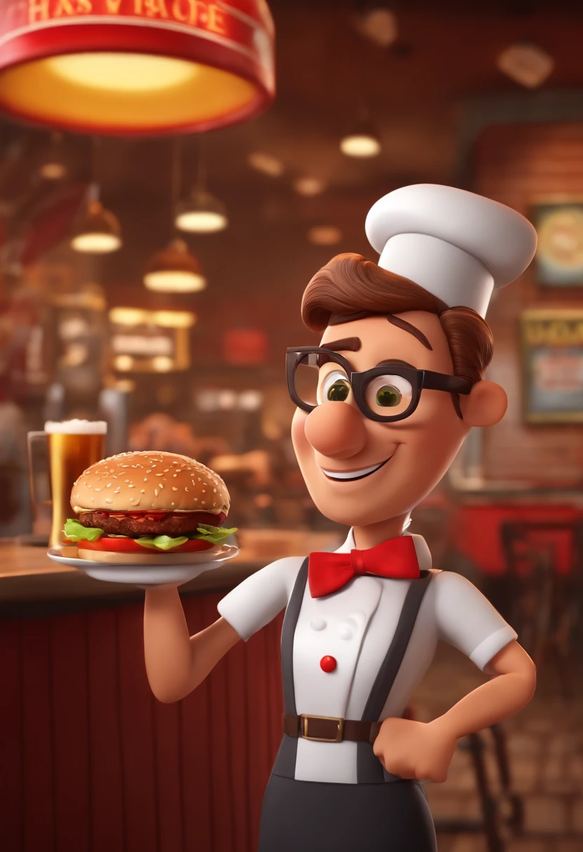 Pixar-style animation of a burger restaurant with a sign that says Poppys, com um homem magro de cabelo e barba preta, Brown eyes cap and white uniform with red bow tie serving beer and a blonde woman with short hair, brown eyes and glasses, Serving a burger.