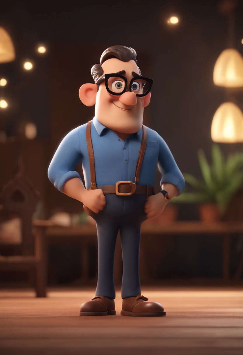 cartoon character of a man with black glasses CARECA and a blue shirt, animation character, Caractere estilizado, animation style rendering, 3D estilizado, Arnold Maya render, 3 d render stylized, toon render keyshot, Personagem 3D, Personagem 3D, 3d rendering stylized, 3 d character render, personagem de desenho animado, Personagem de close up, Pose de personagem, (Estilo Pixar) (master part:1.2) (Bokeh) (melhor qualidade) (pele detalhada) (textura detalhada) (8k) (argila) (Cinematic lighting) (foco nítido