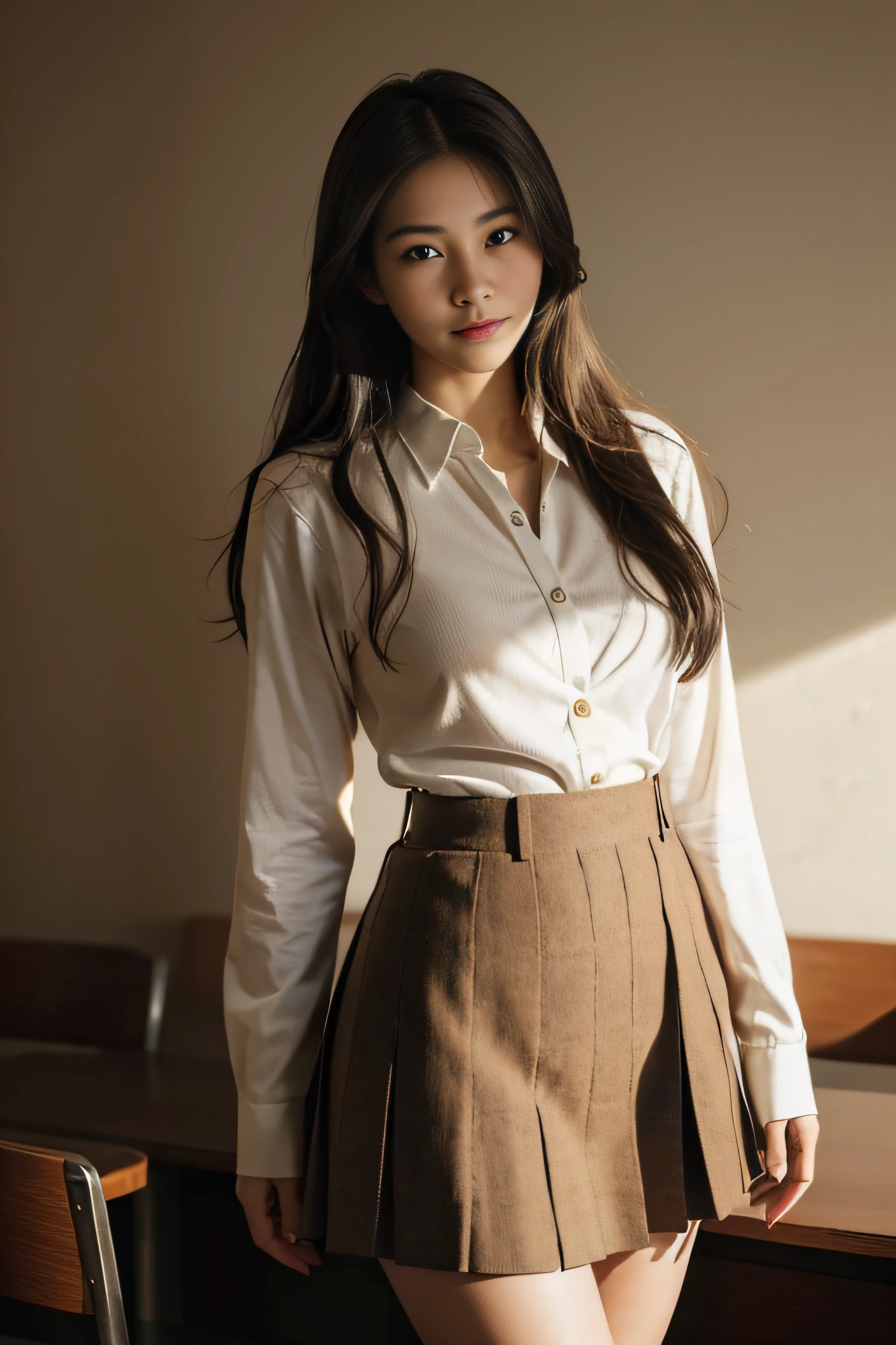 ((Beautiful girl from Japan:1.3))((校服:1.4))((pantyshot:1.5))((Park)),((White pleated skirt:1.3)),((White collared button blouse:1.2)),((in class room:1.3)) ((Thin_textile:1.4)) ((Random sexy poses:1.3)) ((full of sweat:1.5))((Blushing face:1.4)) ((Big breasts:1.1)) ((close-up:1.2)) Best Quality,masutepiece,超A high resolution,(Photorealistic:1.4),Raw foto,(Authentic skin texture:1.3),(Film grain:1.3),the panorama,Character Portrait,Very Wide Shot,big breasts thin waist,Cowboy Shots,(Darkin, deepshadow, lowkey, cold light,) natta,((Brown-colored super long hair:1.2)),Streaming Tears,,Dust,Tindall Effect,(expressions),1girl in,beautiful detailed eyes and face,White Jabot,Brown eyes,((Brown head of hair that is loosely curled:1.2)) ((full bodyesbian)) ((Smile:1.3)),(((Nice)))