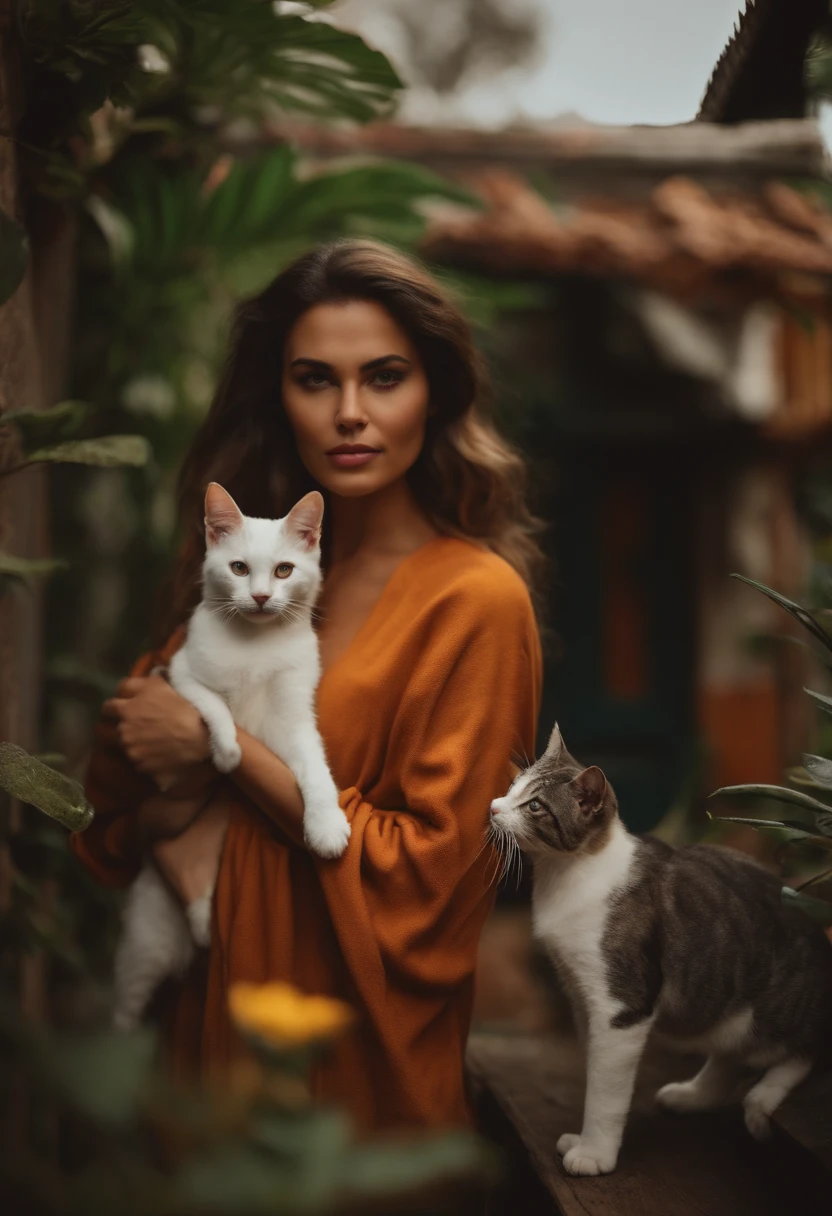 Uma mulher com um gato na numa casa e com os cachorros