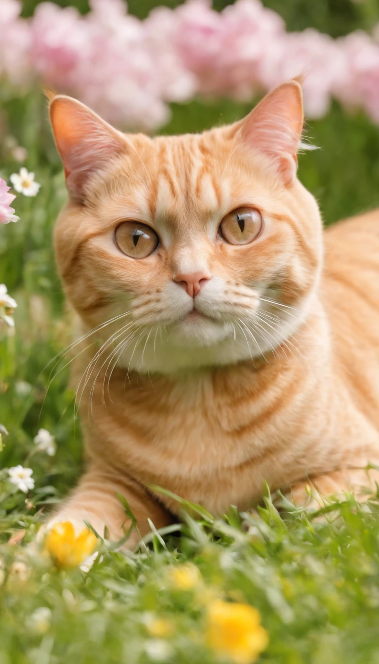 Fat cat in pet clothes, cute hats, sunglasses,rays of sunshine,heal,Lying on the lawn,There are some flowers,super adorable,Chubby,Smiling