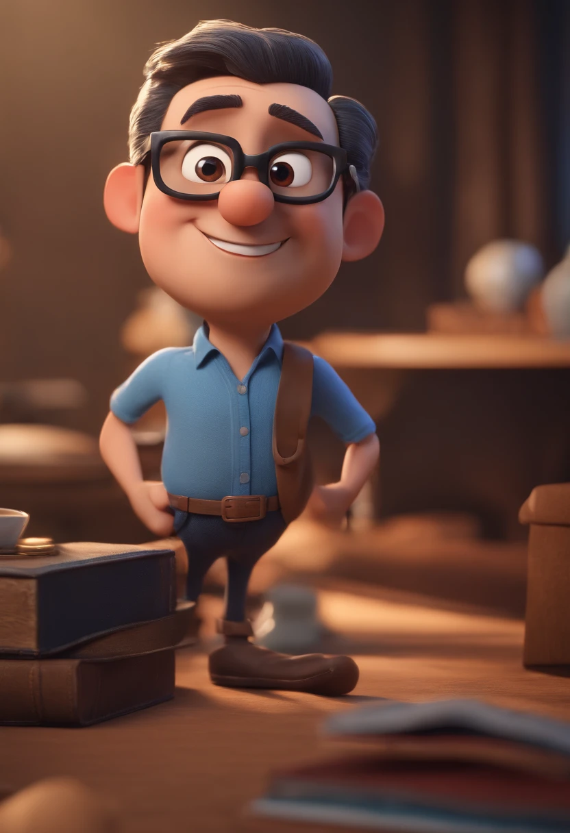Cartoon character of a man wearing black glasses and a blue shirt, animation character, Caractere estilizado, Animation Style Display, منمق 3D, Arnold Maya render, 3d stylized rendering, Toon Render Quixote, شخصية 3D, شخصية 3D, تقديم 3D منمق, Introduction to 3D Character, personagem de desenho animado, Personagem de close up, Postura da personalidade, (Estilo Pixar) (parte principal:1.2) (Bokeh) (best quality) (tez detalhada) (textura detalhada) (8k) (lama) (Cinematic lighting) (foco nítido