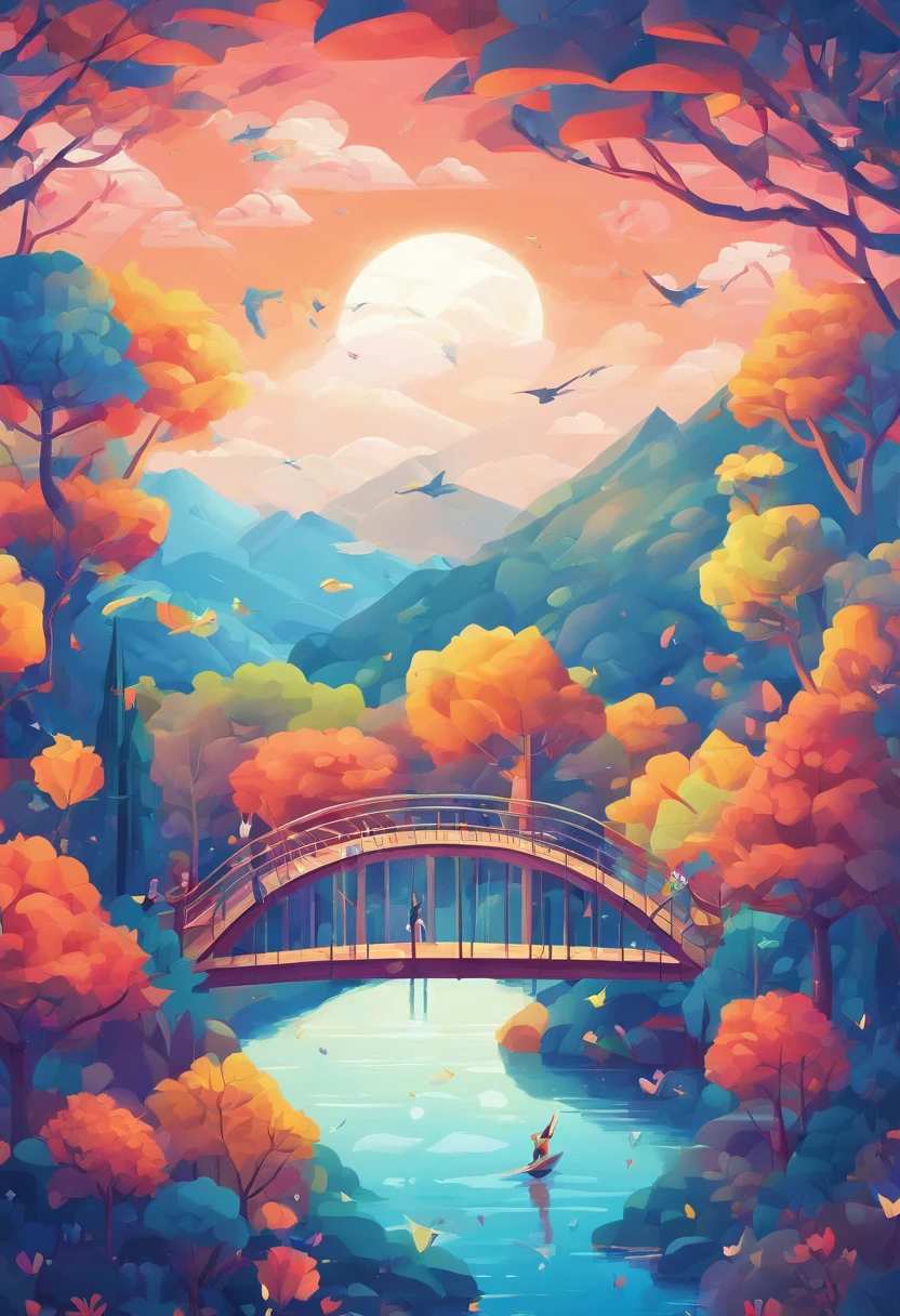 kite，Skysky, blue colors, baiyun, after rainny, rays of sunshine, refractions, Seven colors, Red, Orange, Yellow, Green, Blue, Violet, arc-shaped, A bridge to heaven, llight rays, dream magical, wanting, Calm lake, inverted image, The outline of the tree, Birds fly, freshen, magical, Beautiful natural landscape