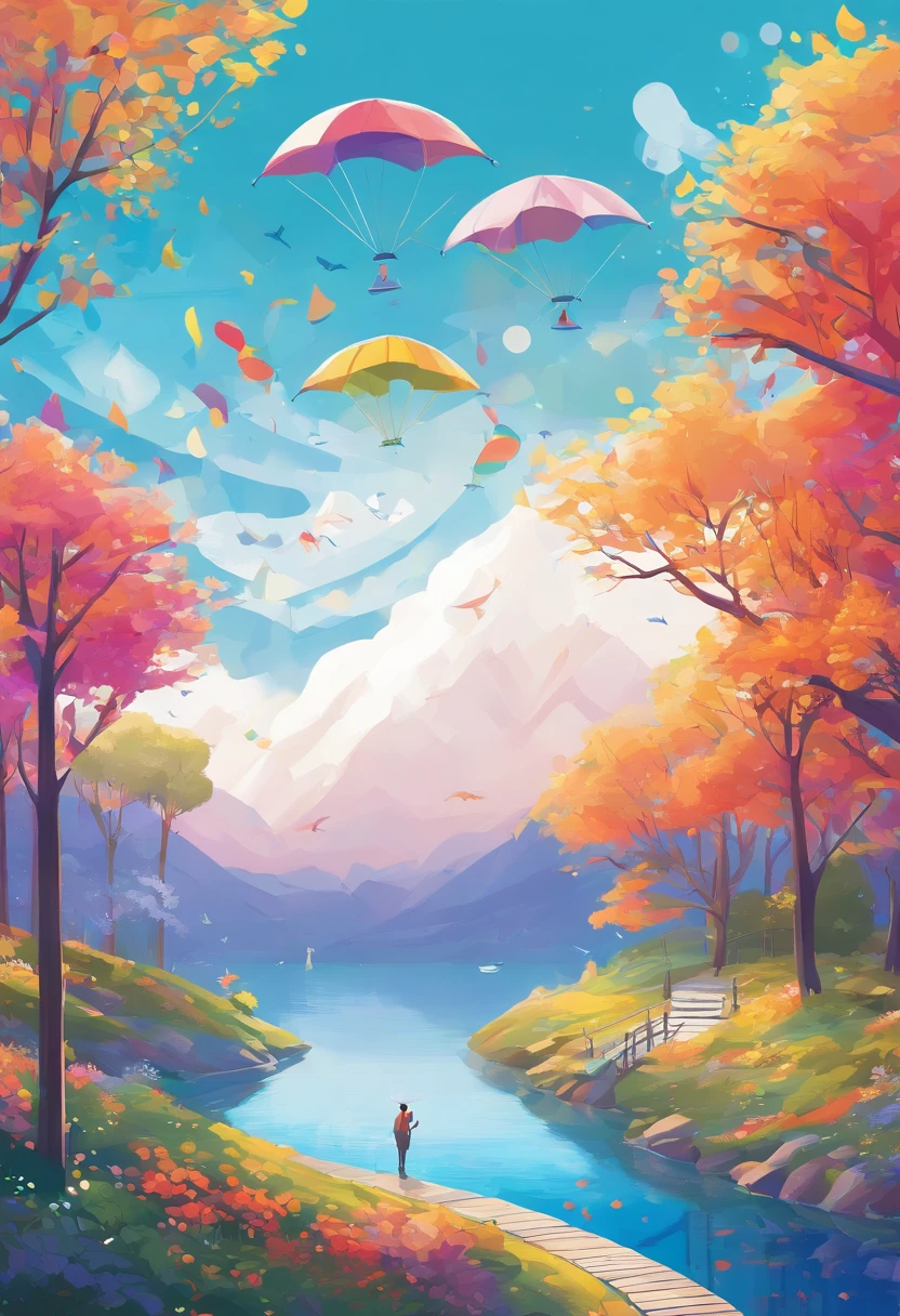 kite,Skysky, blue colors, baiyun, after rainny, rays of sunshine, refractions, Seven colors, Red, Orange, Yellow, Green, Blue, Violet, arc-shaped, A bridge to heaven, llight rays, dream magical, wanting, Calm lake, inverted image, The outline of the tree, Birds fly, freshen, magical, Beautiful natural landscape