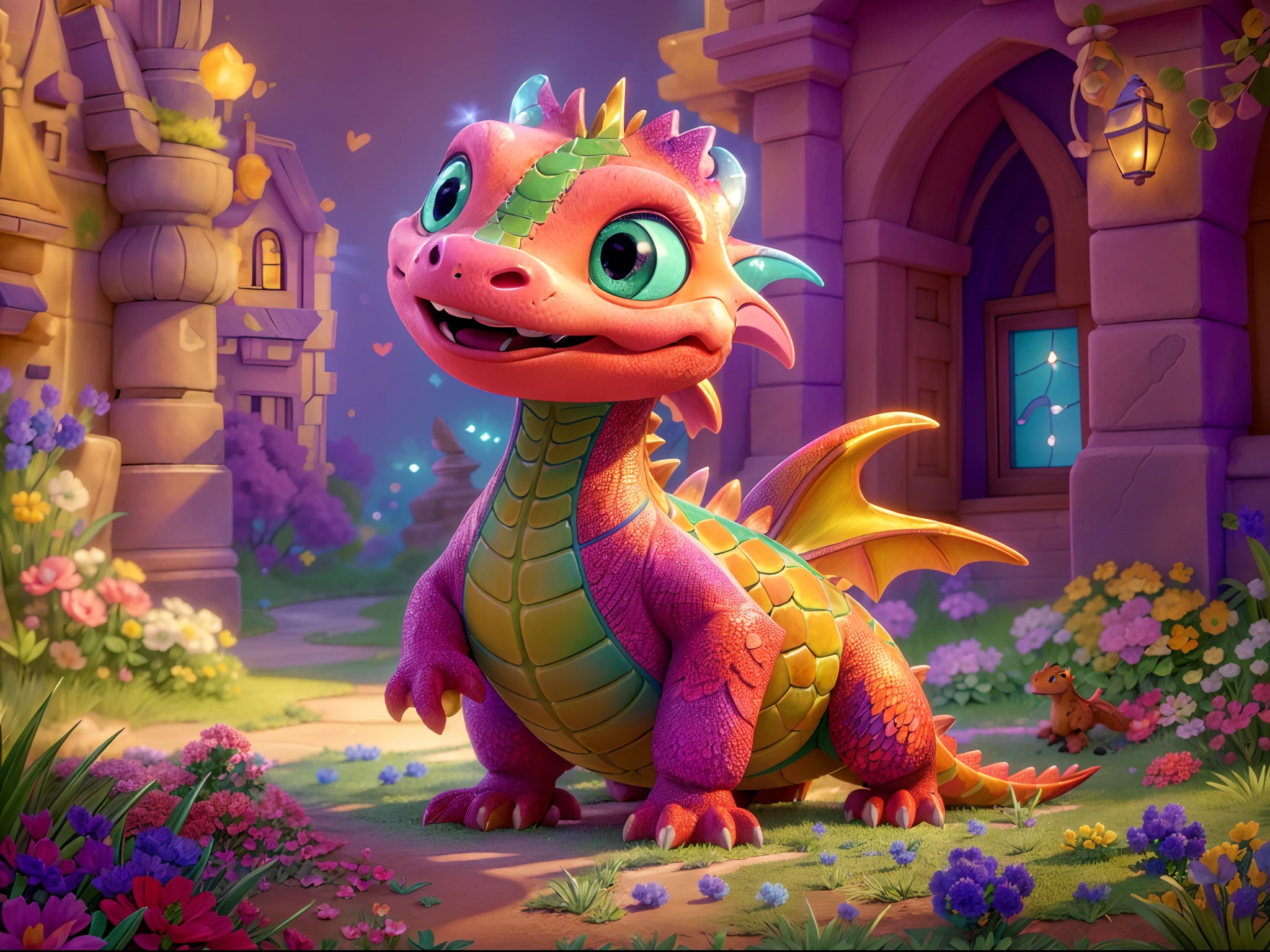 (best quality, highres, masterpiece:1.2), ultra-detailed, realistic, cute dragon in Pixar cartoon style, vibrant colors, dynamic lighting, magical atmosphere, detailed scales, expressive eyes, friendly smile, fluffy texture, adorable pose, whimsical background, playful interaction with other creatures, captivating composition, lively movement, enchanting storytelling, lively animation, joyful expression, captivating charm, imaginative scenery