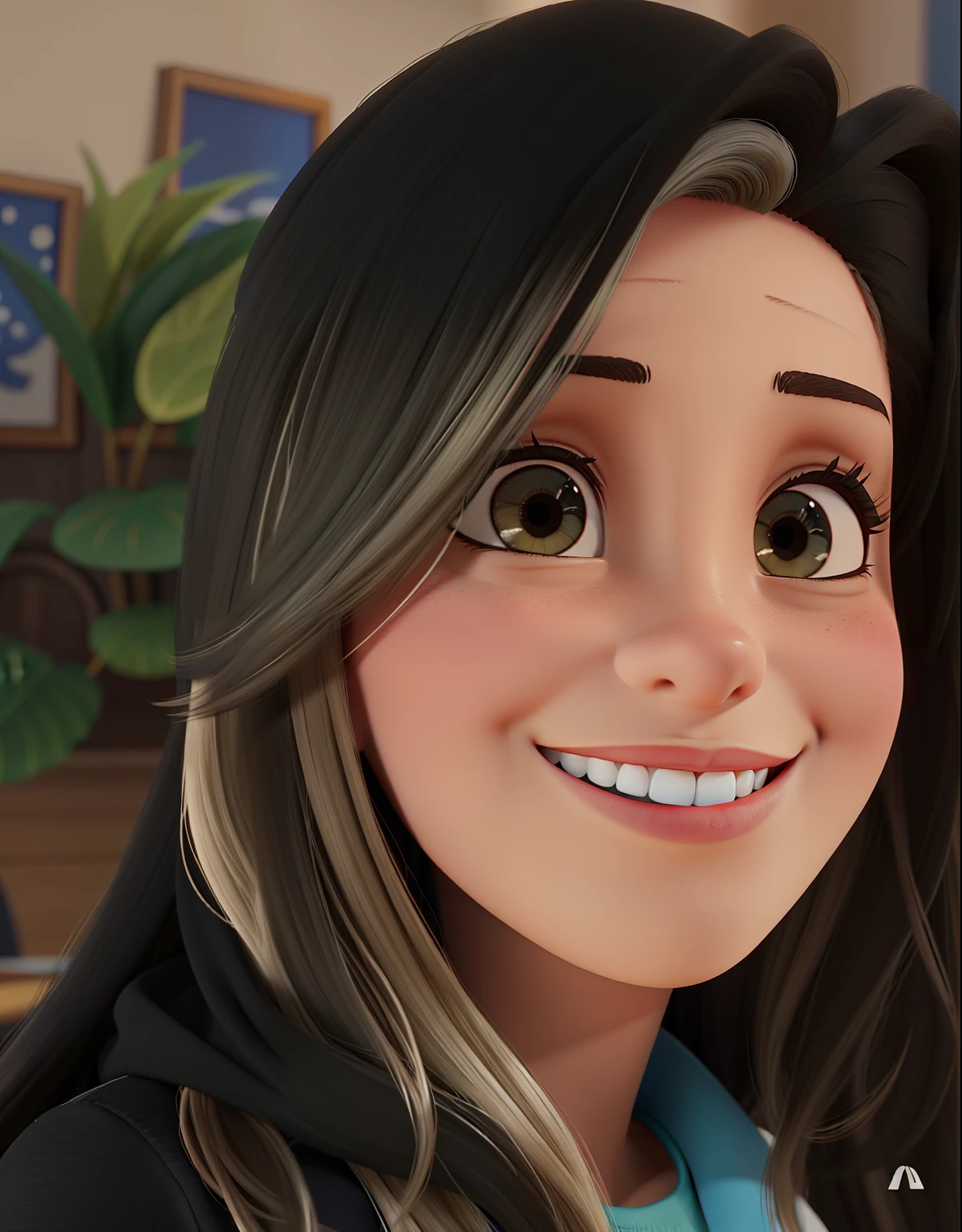 Mulher jovem de pele morena com um sorriso no rosto. Ela tem cabelos longos e pretos com mechas loiras e veste uma camisa preta. Olhos pretos. A cena parece se passar em uma sala com um vaso de planta ao fundo. Boca mais carnuda criar essa imagem 3d no estilo Pixar Disney, alta qualidade, maior qualidade