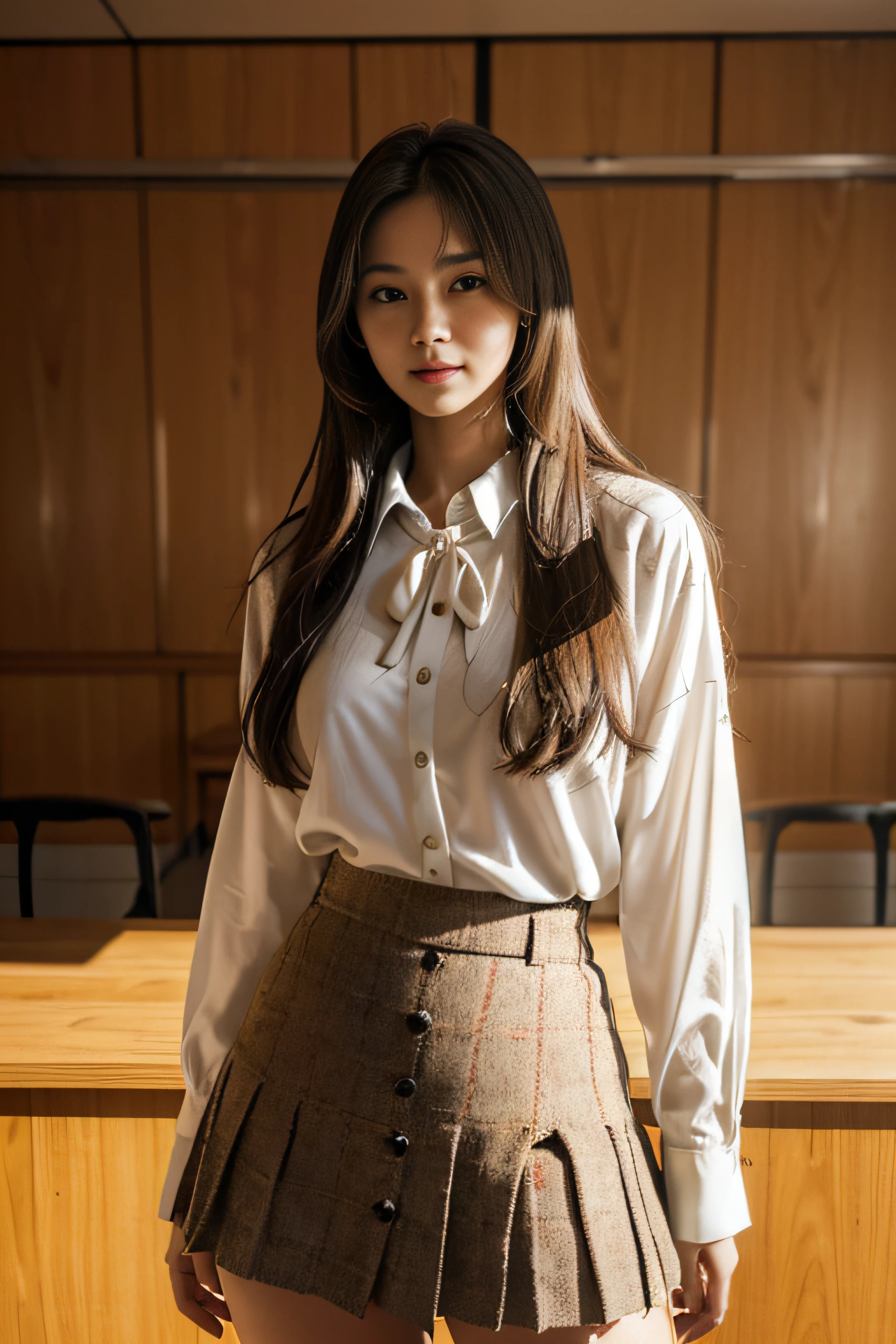 ((Beautiful girl from Japan:1.3))((High School Girl Uniform:1.4))((Brown-colored super long hair:1.2))((FULL BODYSHOT:1.7))((pantyshot:1.5))((highschool)),((Check tweed wrap skirt:1.3)) ((in class room:1.3)) ((Thick_textile:1.4)) ((Random sexy poses:1.3)) ((Big breasts:1.1)) ((White blouse:1.4)),(((The buttons on the blouse are unbuttoned up to the second button)))((Holding his chest with both hands))((kindly smile:1.2))((close-up:1.2)) Best Quality,masutepiece,超A high resolution,(Photorealistic:1.4),Raw foto,(Authentic skin texture:1.3),(Film grain:1.3),the panorama,Character Portrait,Very Wide Shot,big breasts thin waist,Cowboy Shots,(Darkin, deepshadow, lowkey, cold light,) natta,(()),Streaming Tears,,Dust,Tindall Effect,(expressions),1girl in,beautiful detailed eyes and face,White Jabot,Brown eyes,