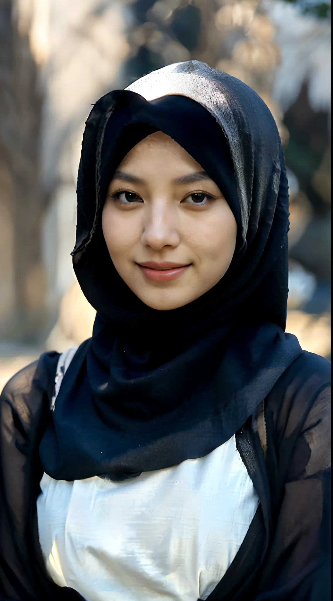 ```vbnet
(("Elegance in Simplicity: Beautiful Asian Woman in Black Hijab with a Sweet Smile")) portraying a woman of Asian descent exuding timeless beauty and grace. Capture her wearing a black hijab, symbolizing sophistication and elegance, framing her face with subtle contrast. Highlight her sweet smile, radiating genuine warmth and kindness. Emphasize the graceful draping of the black hijab, showcasing its texture and the woman's serene demeanor. Illuminate the scene with (((soft, natural light))), enhancing the contours of her face and the rich, deep tones of the hijab. Use an art style that combines realism with a touch of refinement, creating a visually captivating and classically beautiful portrayal of the Asian woman in her black hijab, capturing the essence of her charm and inner beauty.
```