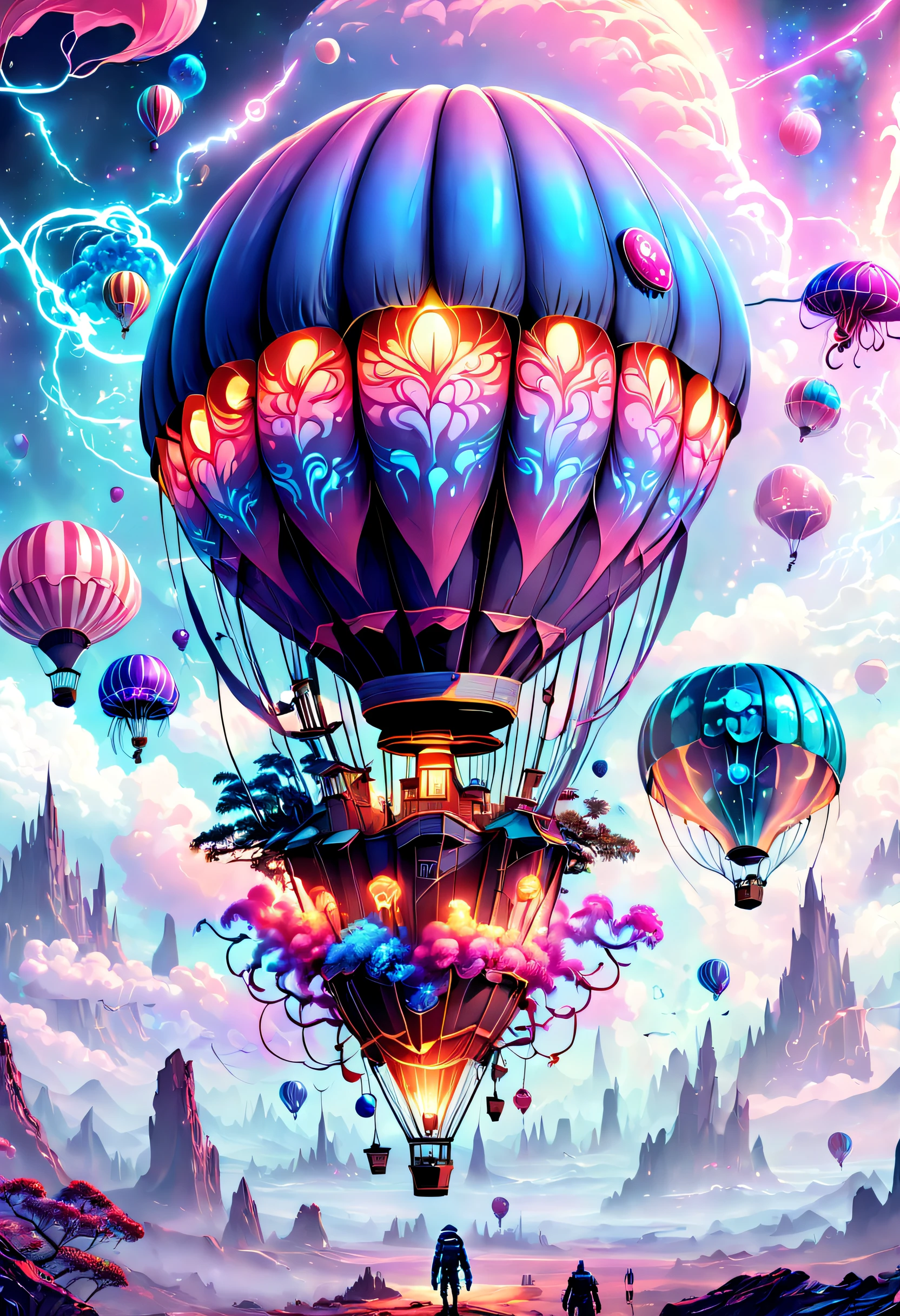 （（tmasterpiece，best qualtiy）），Beautiful 8K Ultra HD professional photos, Sharp focus, In a stunning fantasy world, A hot air balloon over a futuristic city，Retro cyberpunk，Strange hot air balloons,Colorful,A hot air balloon in the shape of a cute jellyfish，In the clouds,beautiful sky,Surreal,Epic dreams,a fairy world,illustration,High quality,3D rendering of,Ultra-detailed,Photorealistic,Vibrant colors,Stunning lighting，anatomy correct，Interstellar，Endless space，ssee-through，depth of fields，Magnificent space image scene，Epic futuristic science fiction，8K highly detailed digital art, arstation and beeple highly, paul lehr and beeple, Amazing wallpapers, in the style of beeple, epic fantasy sci fi illustration, 8K high quality detailed art, colorful concept art, fantasy matte painting，Cute, detailed fantasy digital art, colorfull digital fantasy art, 4k highly detailed digital art, Detailed digital 2D fantasy art, surreal concept art, Beeple and Jeremiah Ketner, whimsical fantasy landscape art, fantasy cityscape