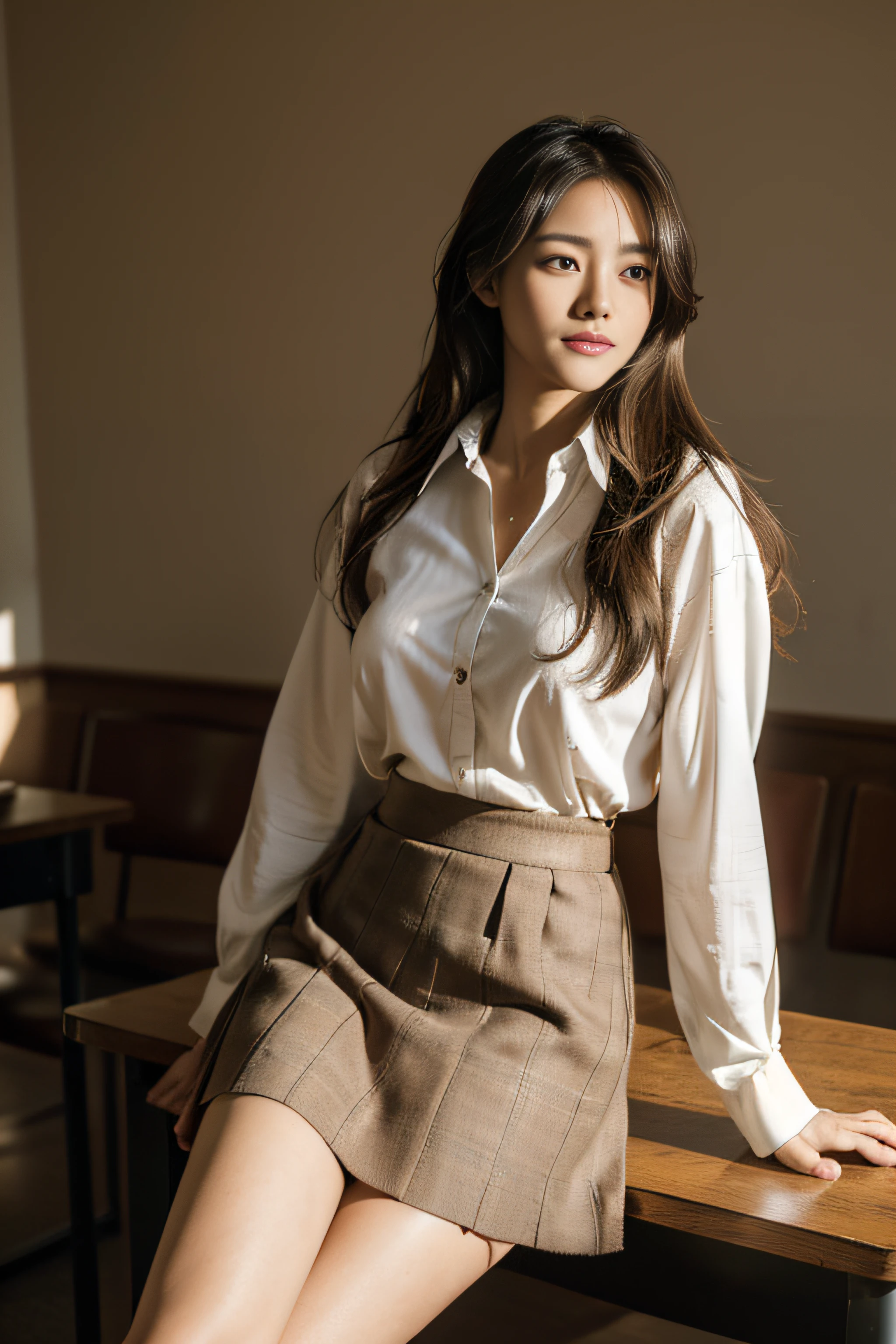 ((Beautiful girl from Japan:1.3))((High School Girl Uniform:1.4))((Brown-colored super long hair:1.2))((FULL BODYSHOT:1.7))((pantyshot:1.5))((highschool)),((Check tweed wrap skirt:1.3)) ((in class room:1.3)) ((Thick_textile:1.4)) ((Random sexy poses:1.3)) ((Big breasts:1.1)) ((White blouse:1.4)),(((The buttons on the blouse are unbuttoned up to the second button)))((Holding his chest with both hands))((kindly smile:1.2))((close-up:1.2)) Best Quality,masutepiece,超A high resolution,(Photorealistic:1.4),Raw foto,(Authentic skin texture:1.3),(Film grain:1.3),the panorama,Character Portrait,Very Wide Shot,big breasts thin waist,Cowboy Shots,(Darkin, deepshadow, lowkey, cold light,) natta,(()),Streaming Tears,,Dust,Tindall Effect,(expressions),1girl in,beautiful detailed eyes and face,White Jabot,Brown eyes,