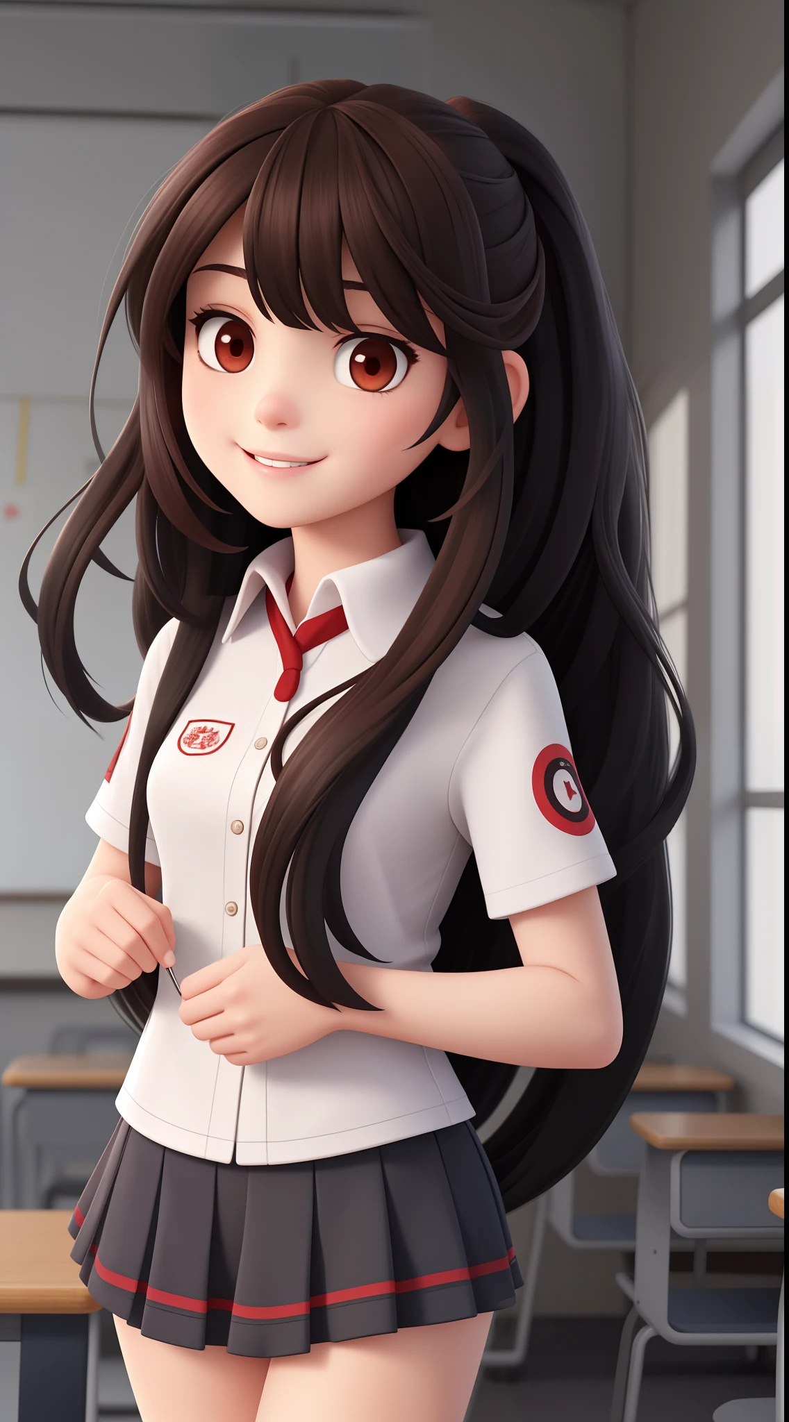 An 18-year-old woman, with long black hair, round face, charming smile, and red eyes, school uniform,