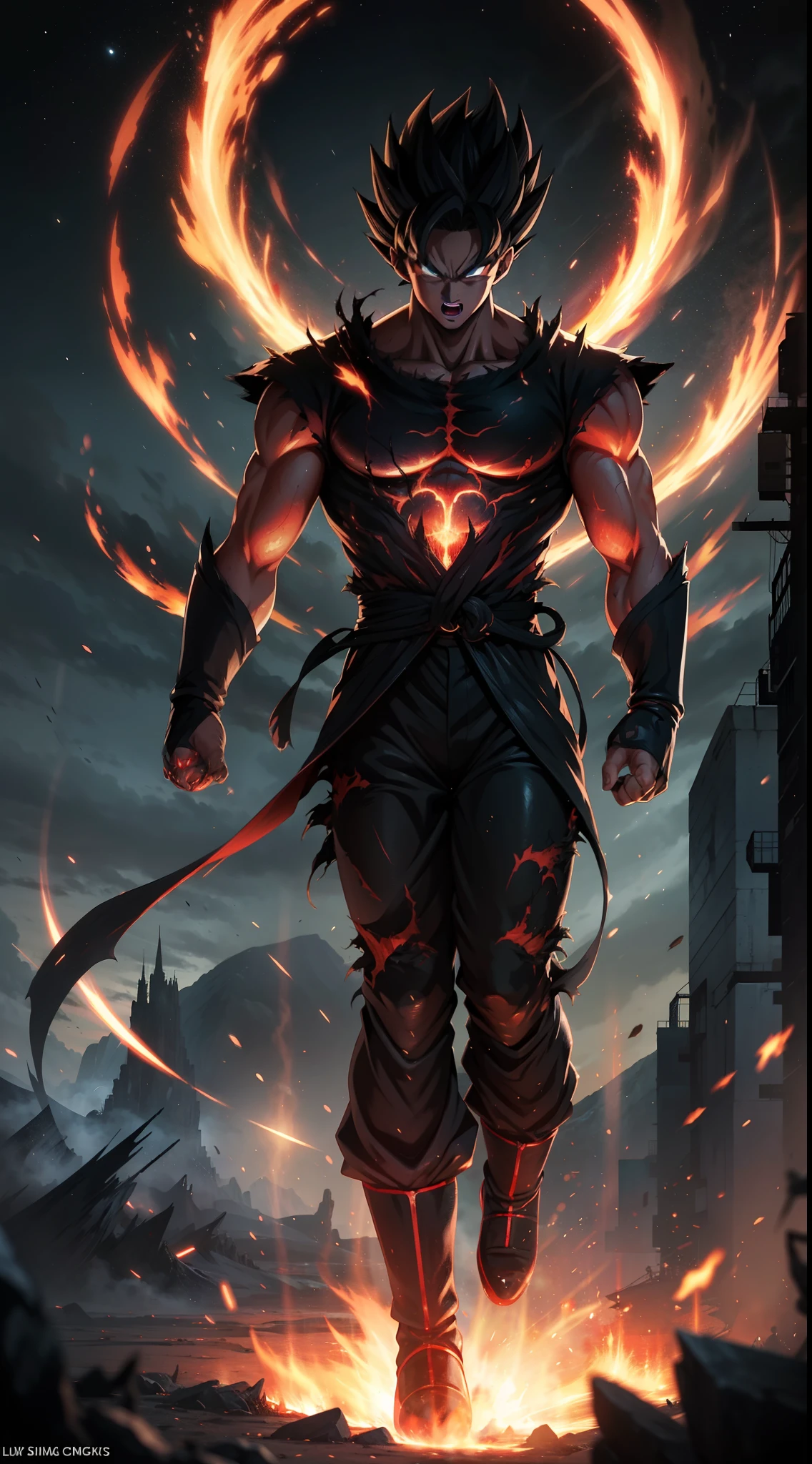 Enter the world of the Black Demon God, a being with a handsome face and glowing red eyes that will captivate you. In his transformed state, he exudes extreme instinct and power, making for an epic anime about this energy man. Watch as he harnesses the power of fire and lava in stunning anime artwork that will leave you in awe. This concept art is straight out of the Dragon Ball Universe, with a manga-style 8k wallpaper that will transport you to another dimension.