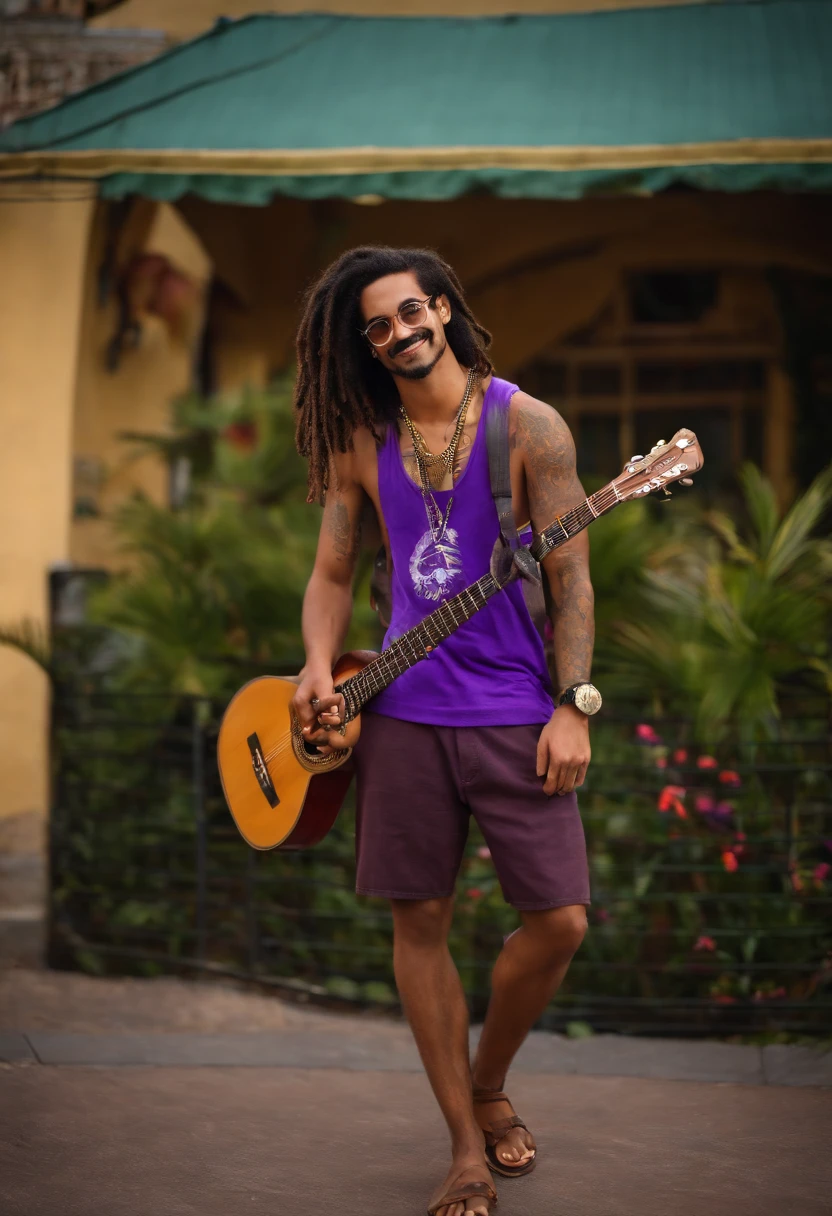 Criar uma imagem estilo Pixar,um homem de 20 anos com bigode aparado e cavanhaque e cabelo dreadlock, Black frame prescription glasses with hoop earrings on ears pircing on purple tank top nose Bermuda shorts and leather sandal on feet Tattoo playing classical guitar