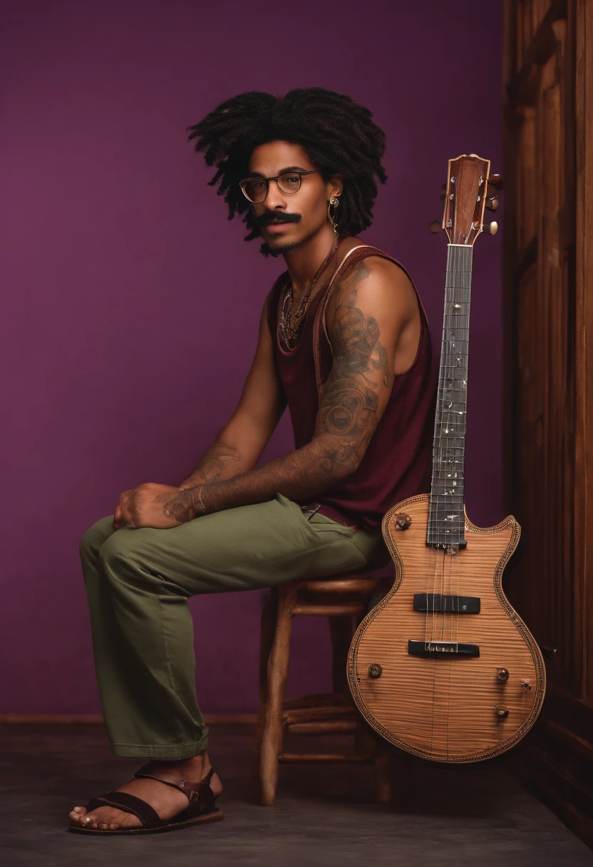 Criar uma imagem estilo Pixar,um homem de 20 anos com bigode aparado e cavanhaque e cabelo dreadlock, Black frame prescription glasses with hoop earrings on ears pircing on purple tank top nose Bermuda shorts and leather sandal on feet Tattoo playing classical guitar