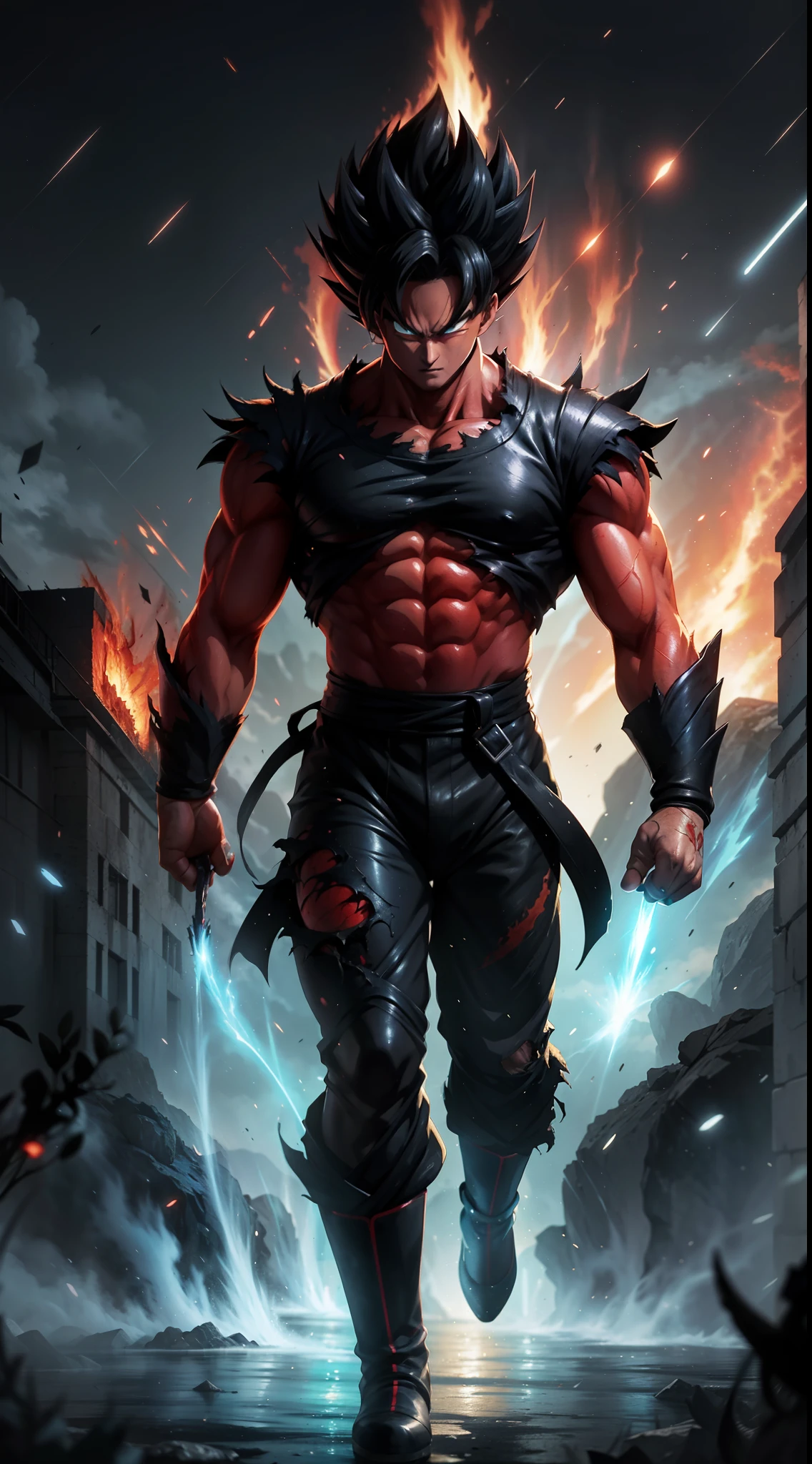 Enter the world of the Black Demon God, a being with a handsome face and glowing red eyes that will captivate you. In his transformed state, he exudes extreme instinct and power, making for an epic anime about this energy man. Watch as he harnesses the power of fire and lava in stunning anime artwork that will leave you in awe. This concept art is straight out of the Dragon Ball Universe, with a manga-style 8k wallpaper that will transport you to another dimension.