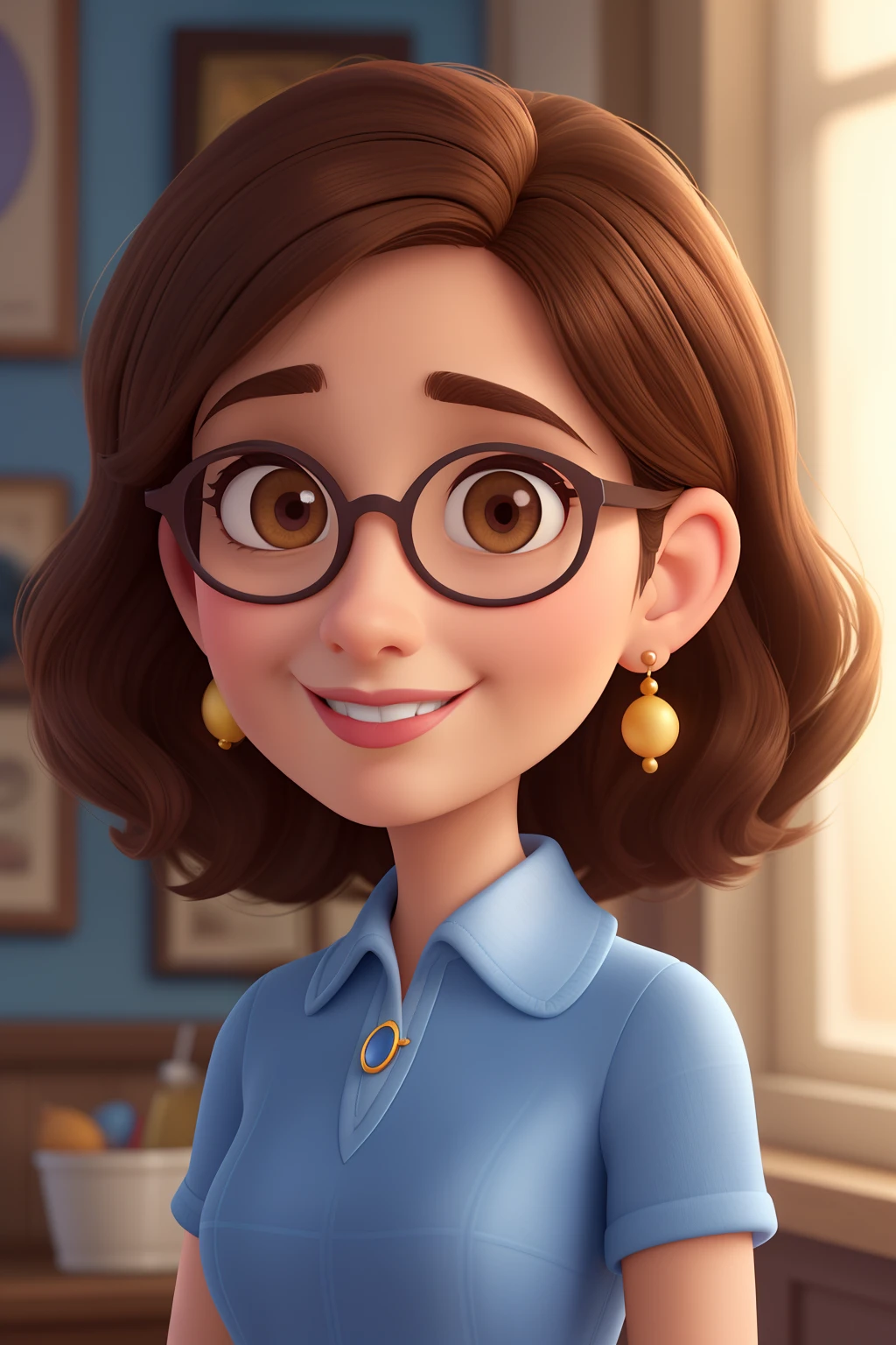 Create 54 year old woman, pixar-disney style, straight dark brown hair length to the shoulders, pretty round face shape, highlighted light honey colored eyes, small thin nose, normal mouth shape without exaggeration, half oval shaped glasses in light brown color with dark mixes, smile. Wearing a dark blouse in blue tones, tiny earrings, Disney pixar style.